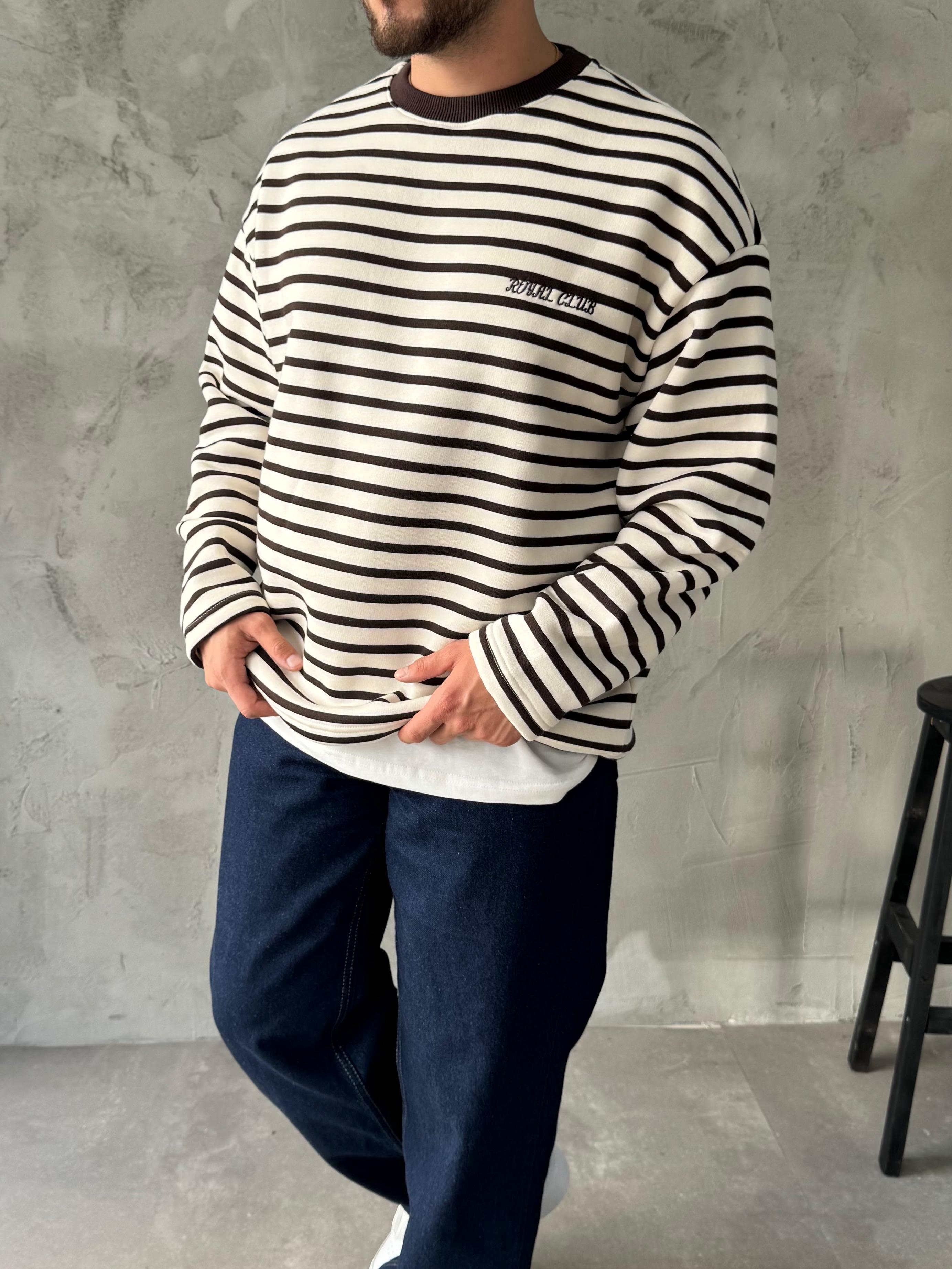 Kahve Royal Club Çizgili Sweatshirt