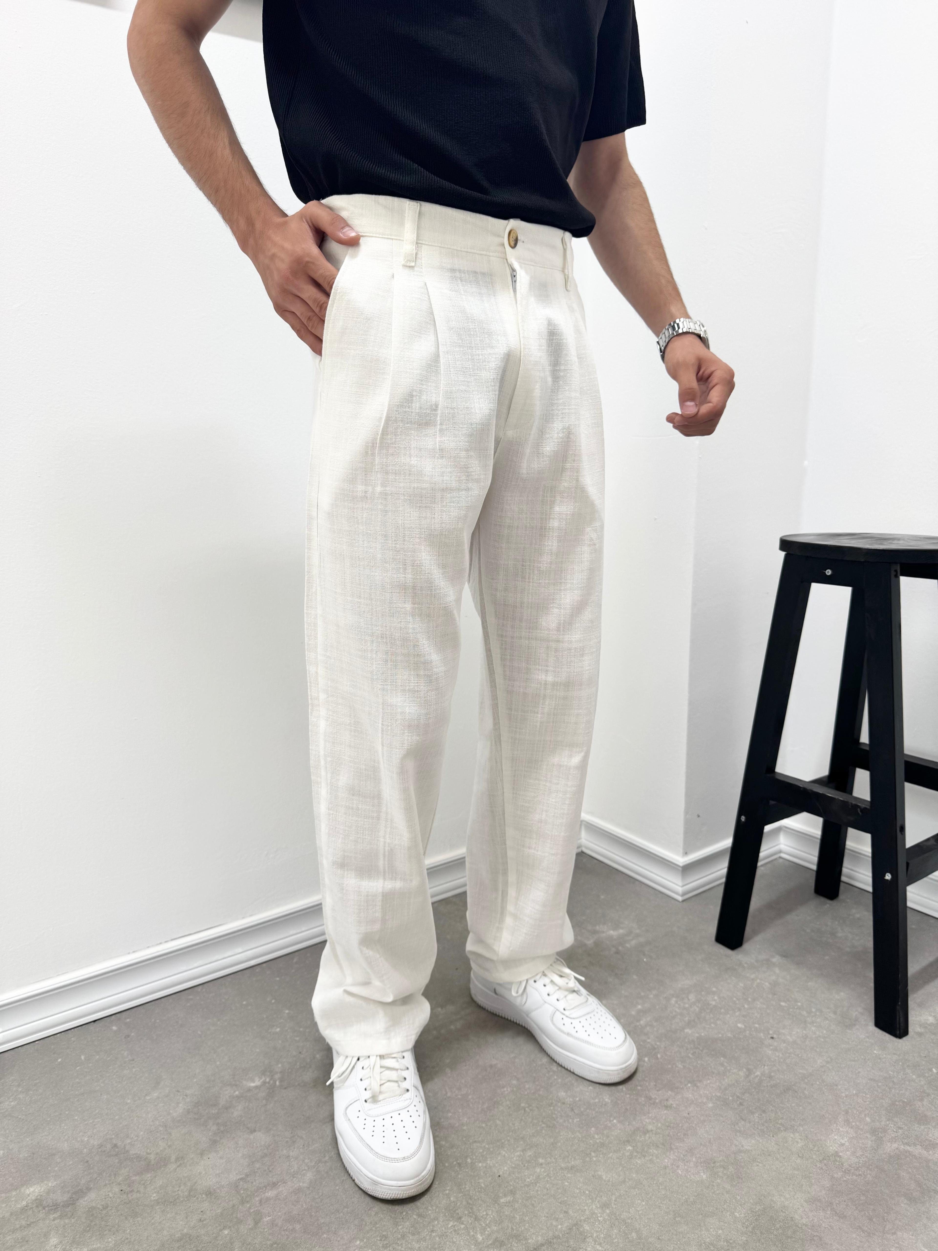 PİLELİ BAGGY KETEN PANTOLON - BEYAZ