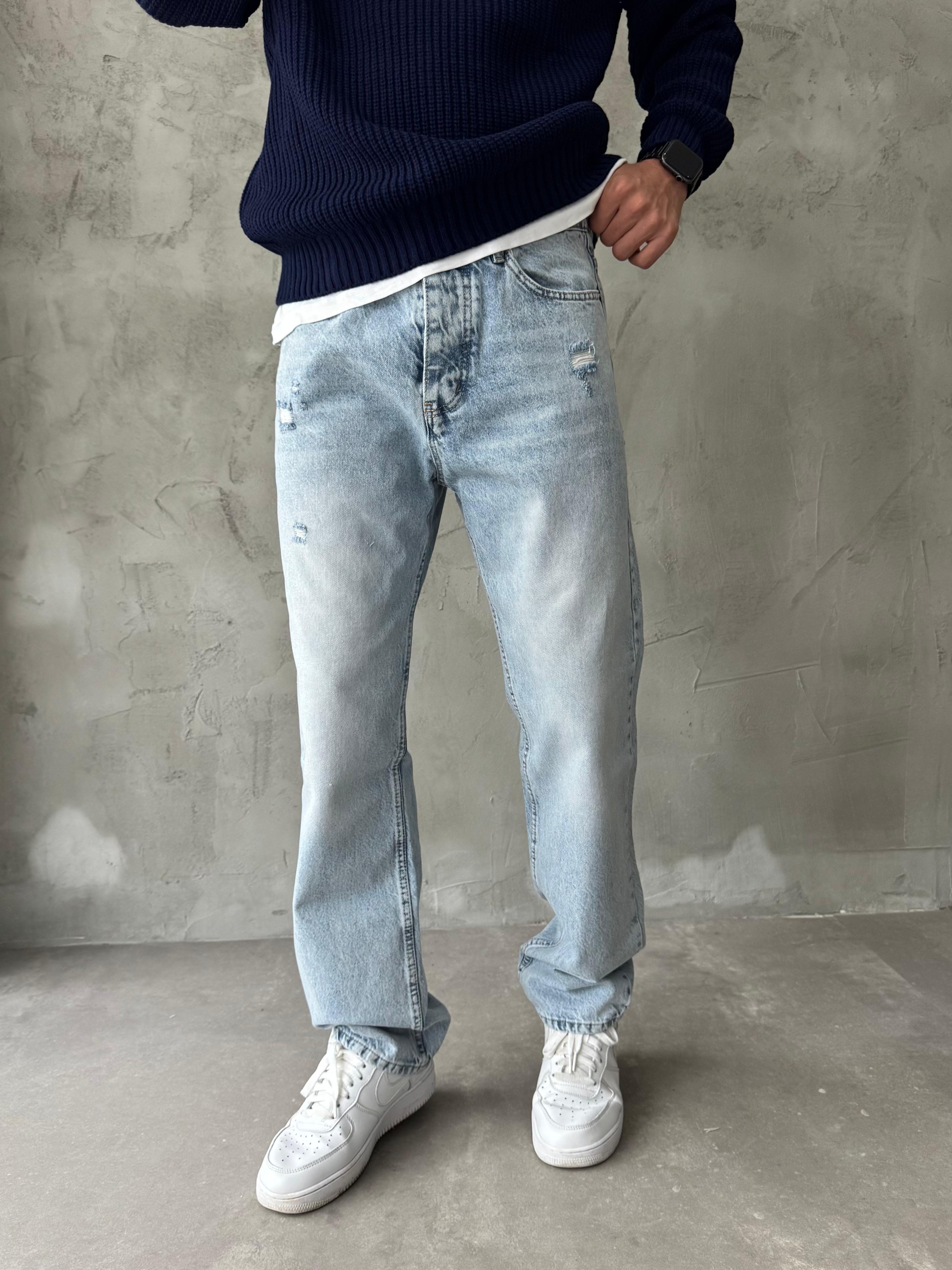 Buz Mavisi Yırtık Detaylı Taşlamalı Baggy Jean