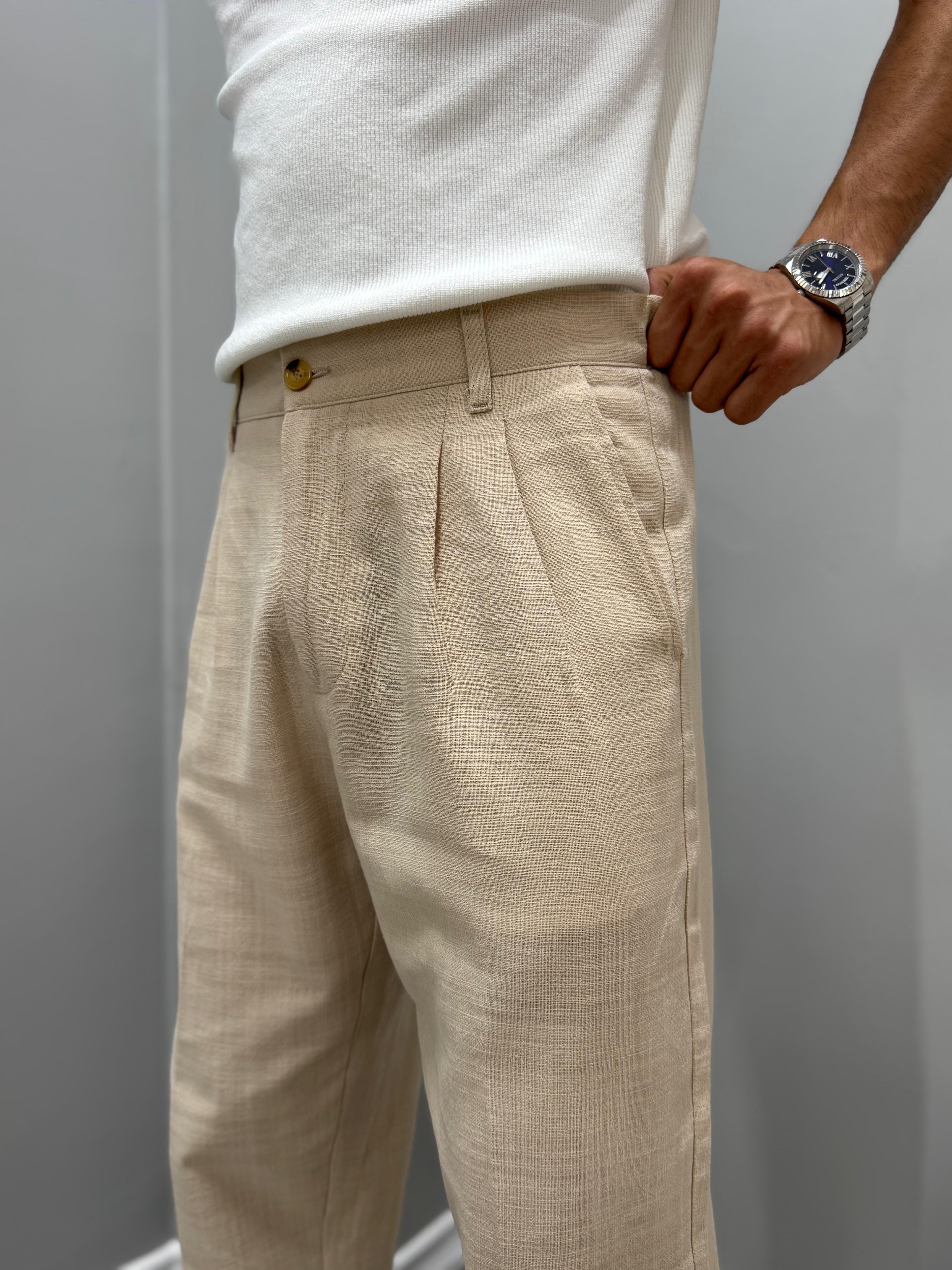 PİLELİ BAGGY KETEN PANTOLON - BEJ