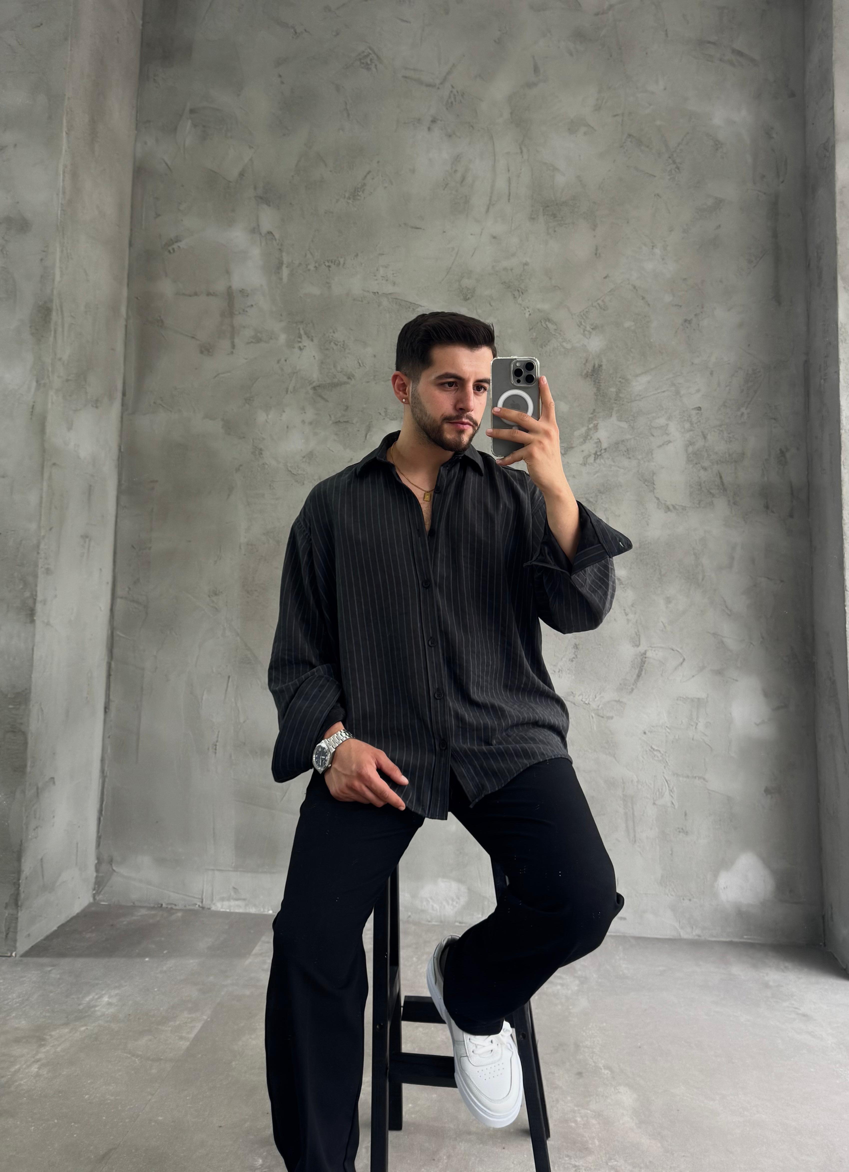 GG Siyah Kışlık Modal Kumaş Çizgili Gömlek