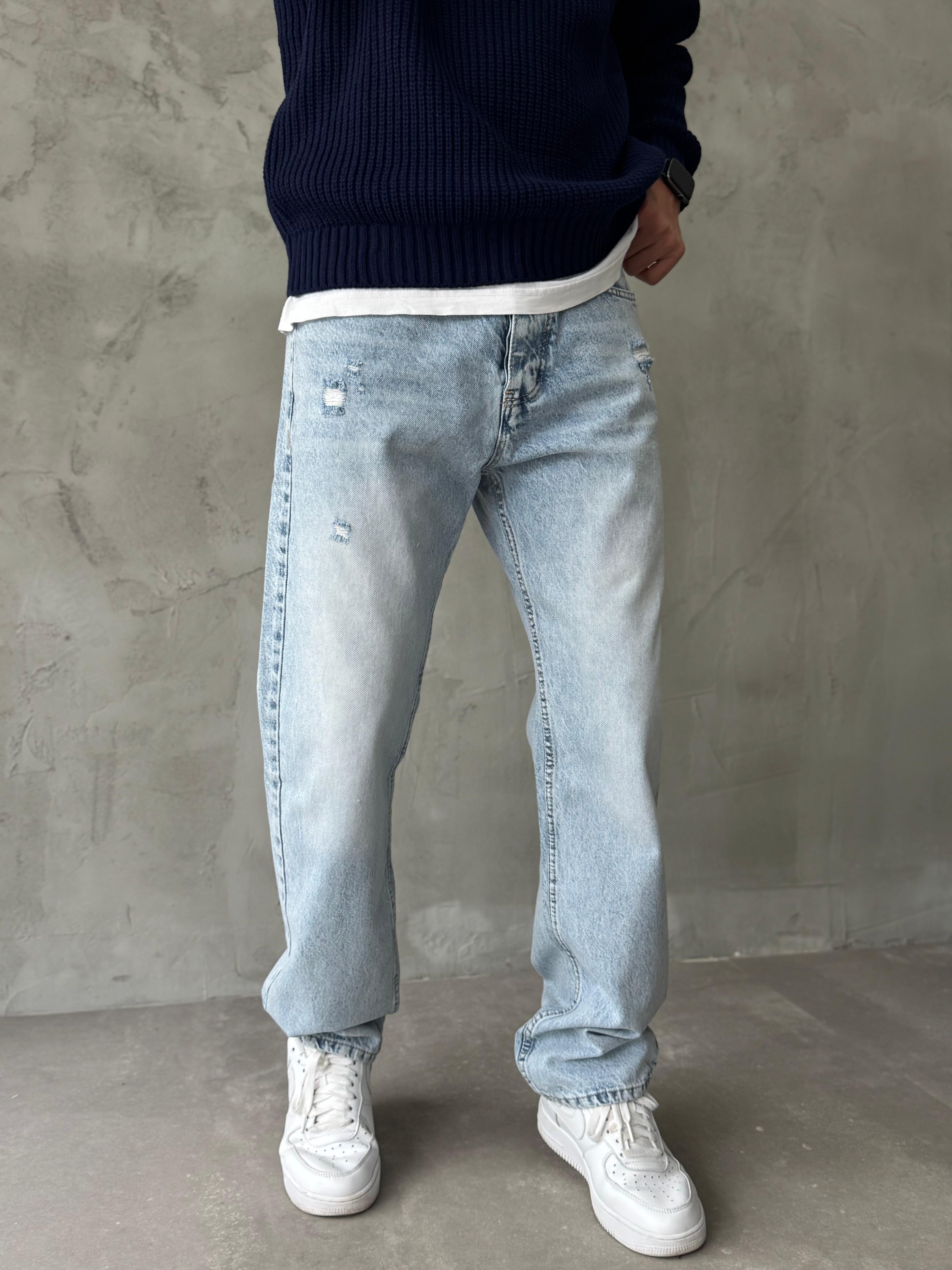 Buz Mavisi Yırtık Detaylı Taşlamalı Baggy Jean