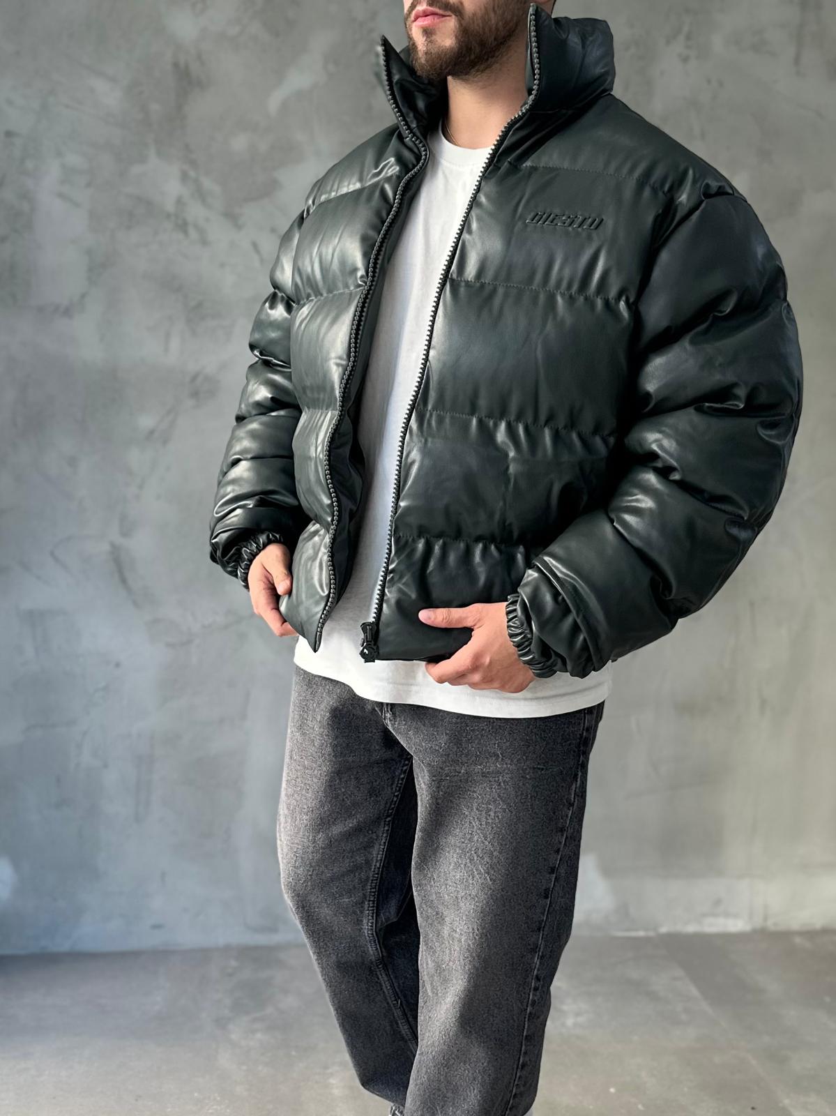 Haki Premium Deri Oversize Şişme Mont 