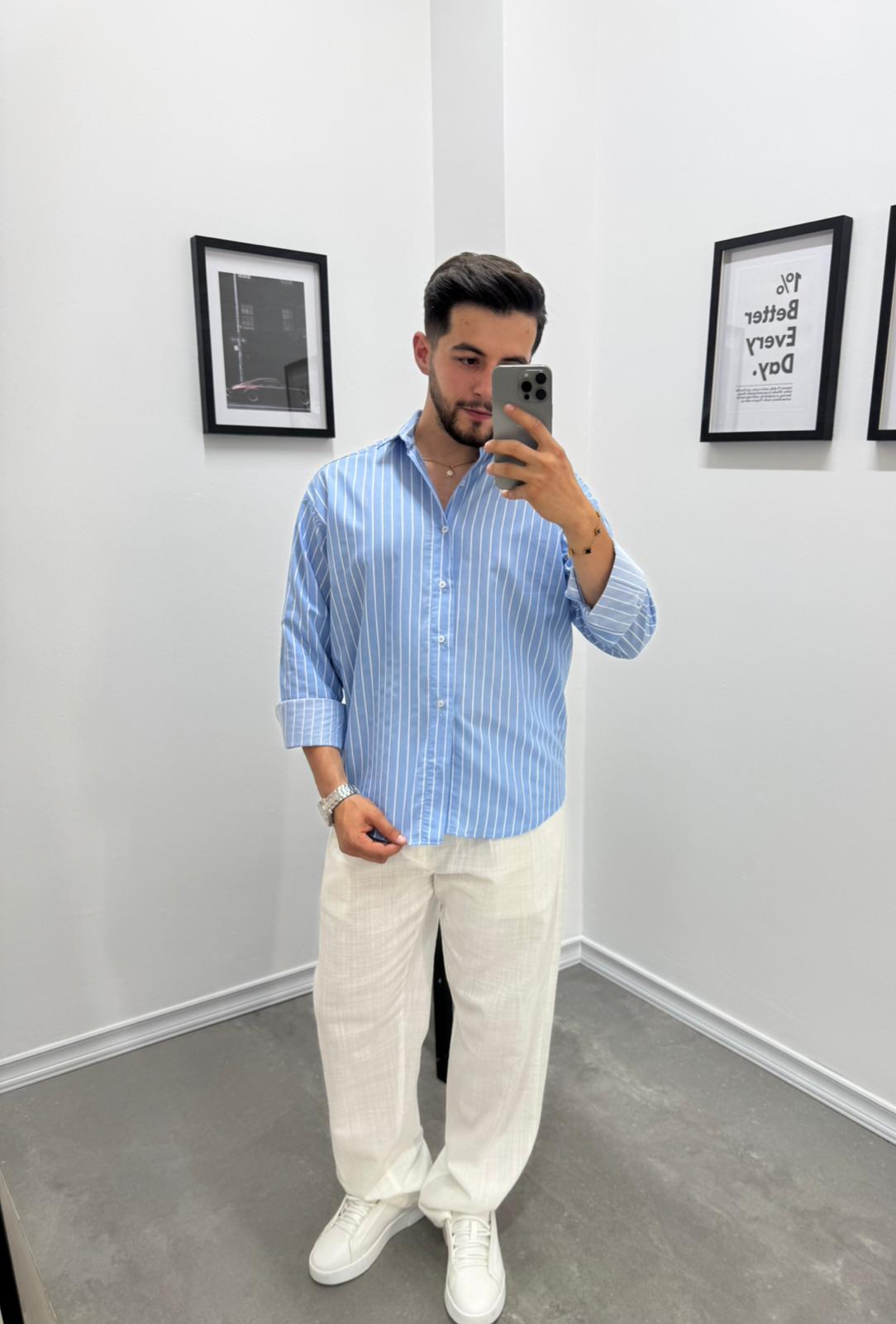 OVERSIZE ÇİZGİLİ GÖMLEK - BEBE MAVİ