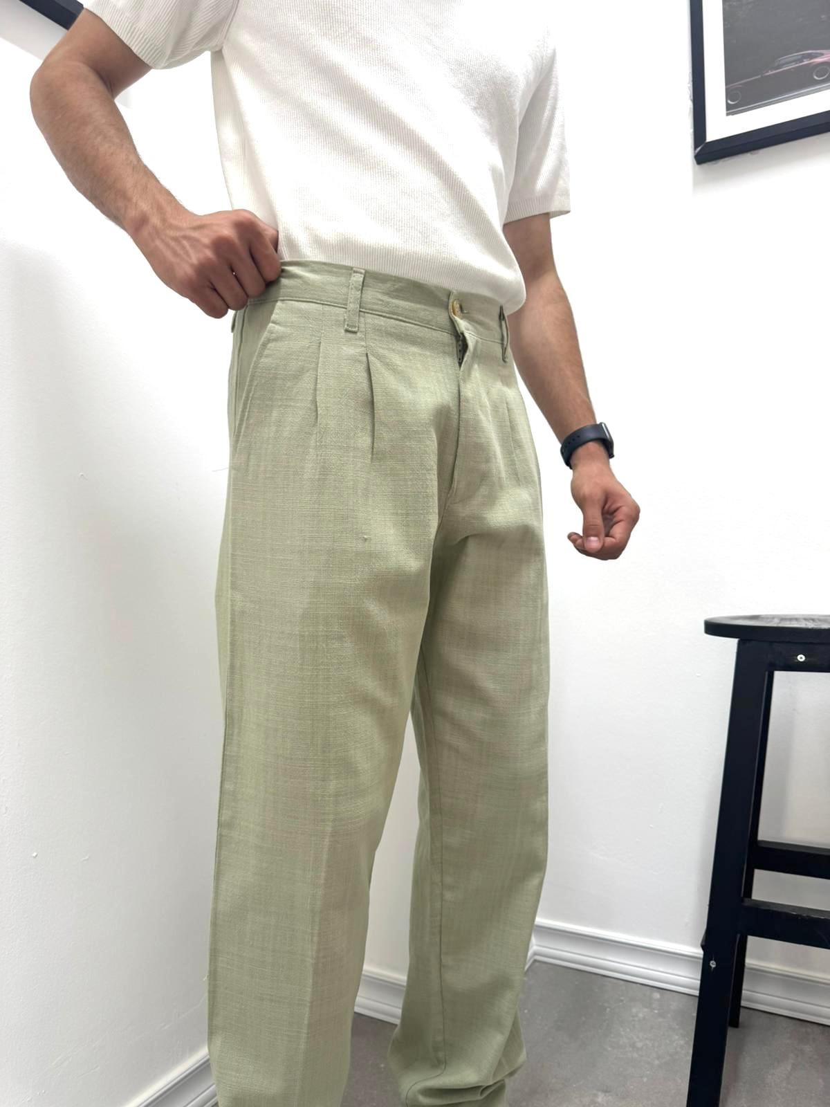 PİLELİ BAGGY KETEN PANTOLON - YEŞİL
