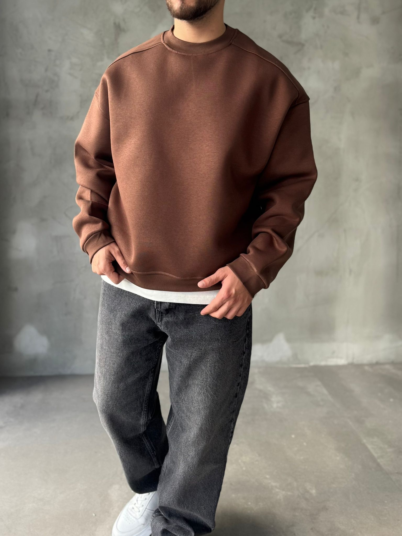 Kahve Basıc Oversize Premium Sweatshirt
