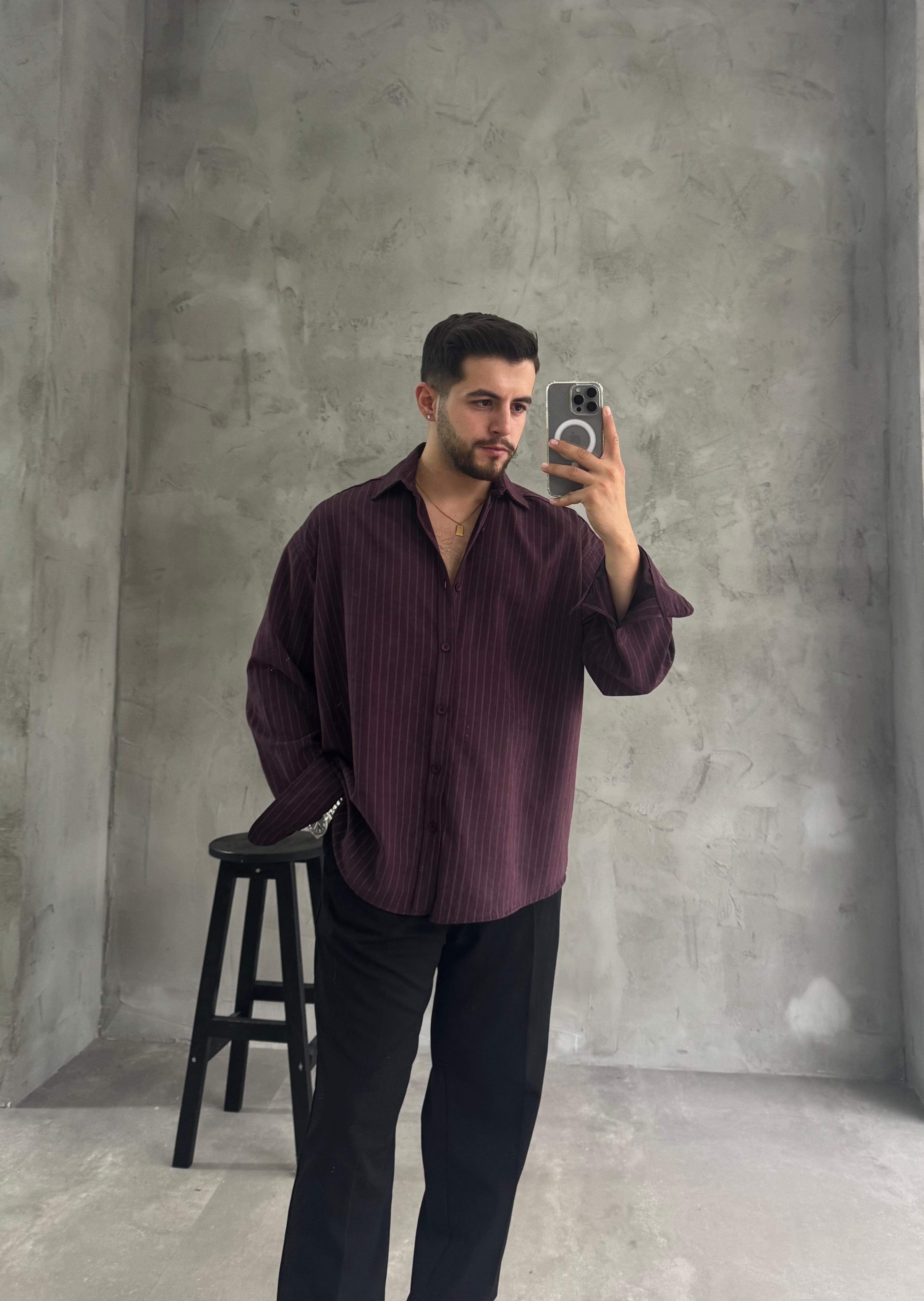 GG Bordo Kışlık Modal Kumaş Çizgili Gömlek