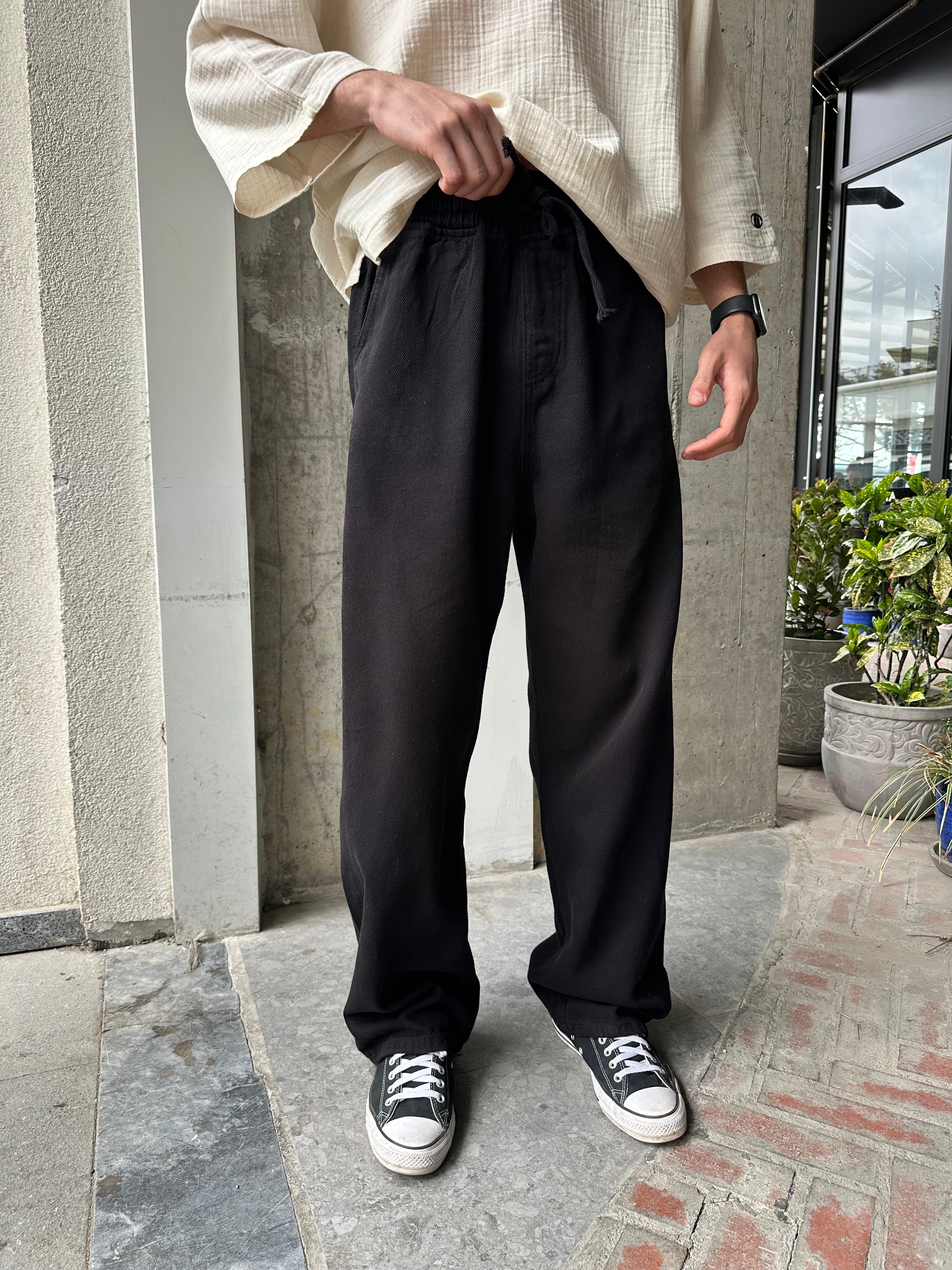 GABARDİN KUMAŞ BAGGY KALIP PANTOLON - SİYAH