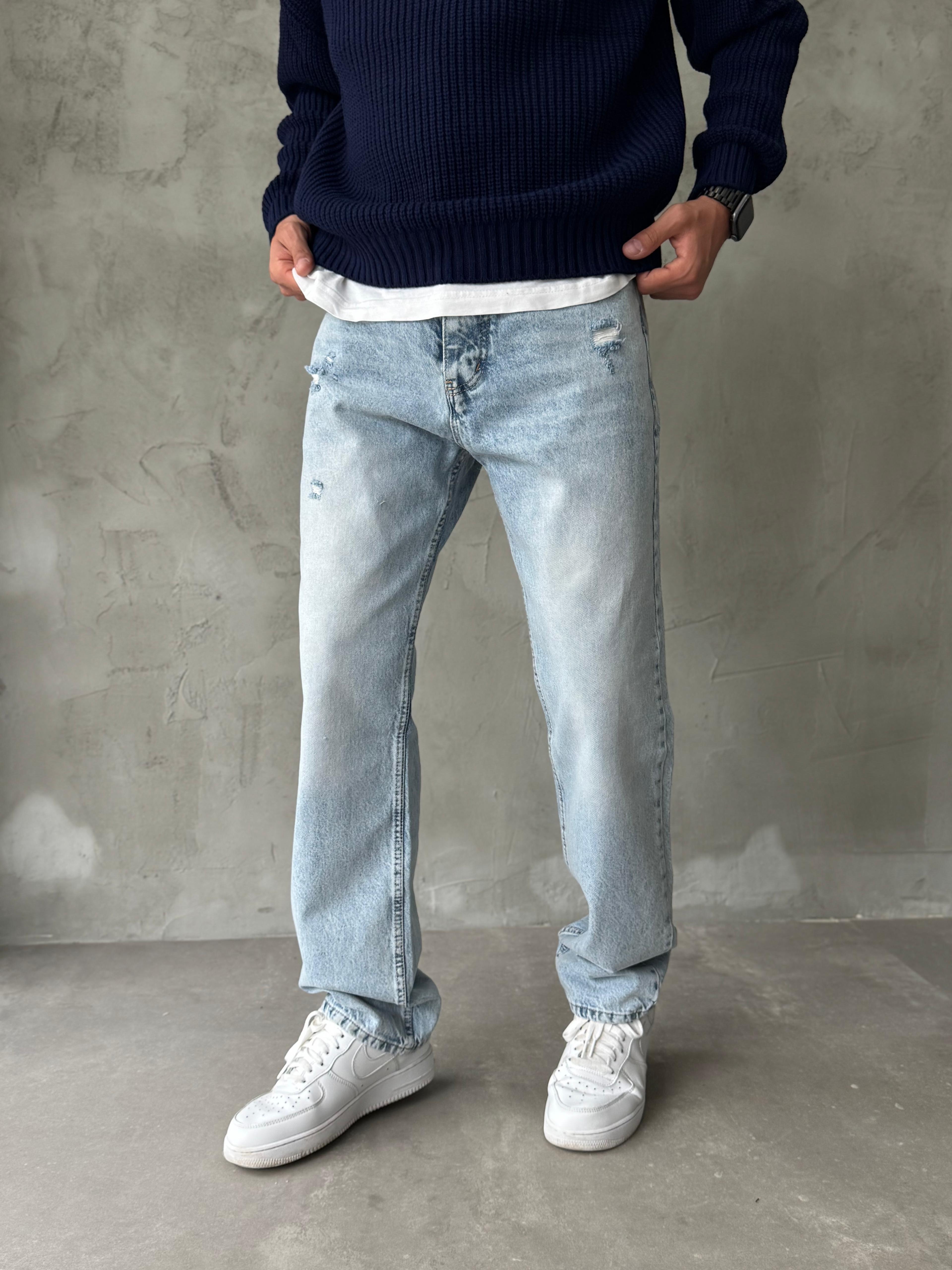 Buz Mavisi Yırtık Detaylı Taşlamalı Baggy Jean