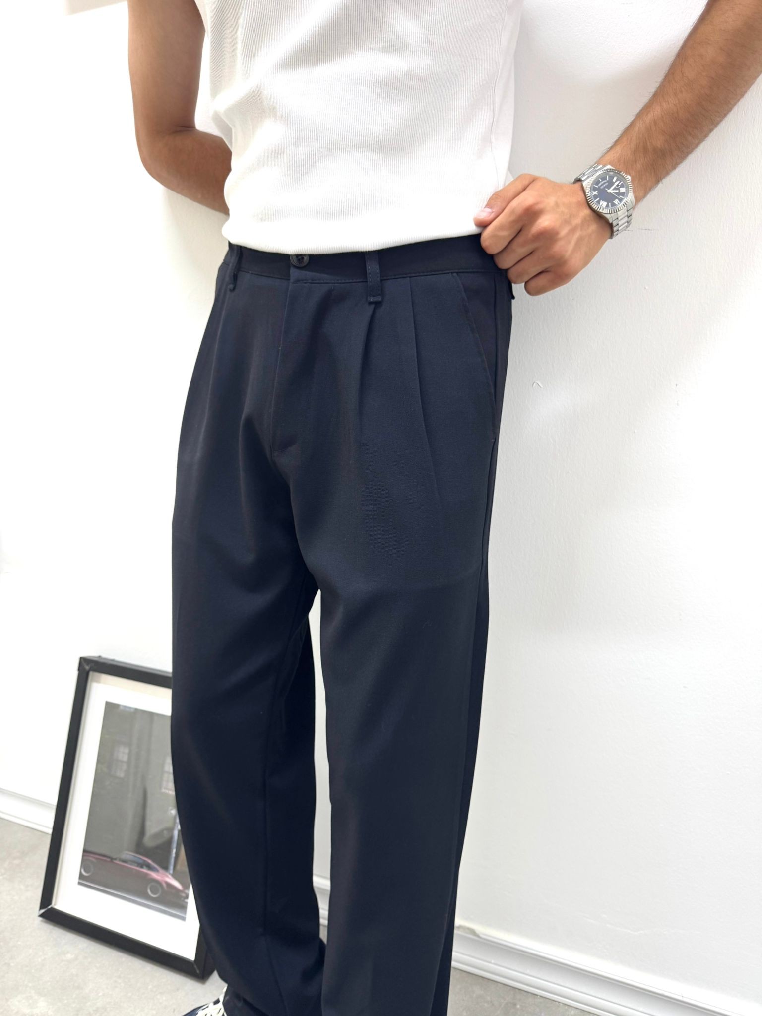 PİLELİ BAGGY KUMAŞ PANTOLON - LACİVERT