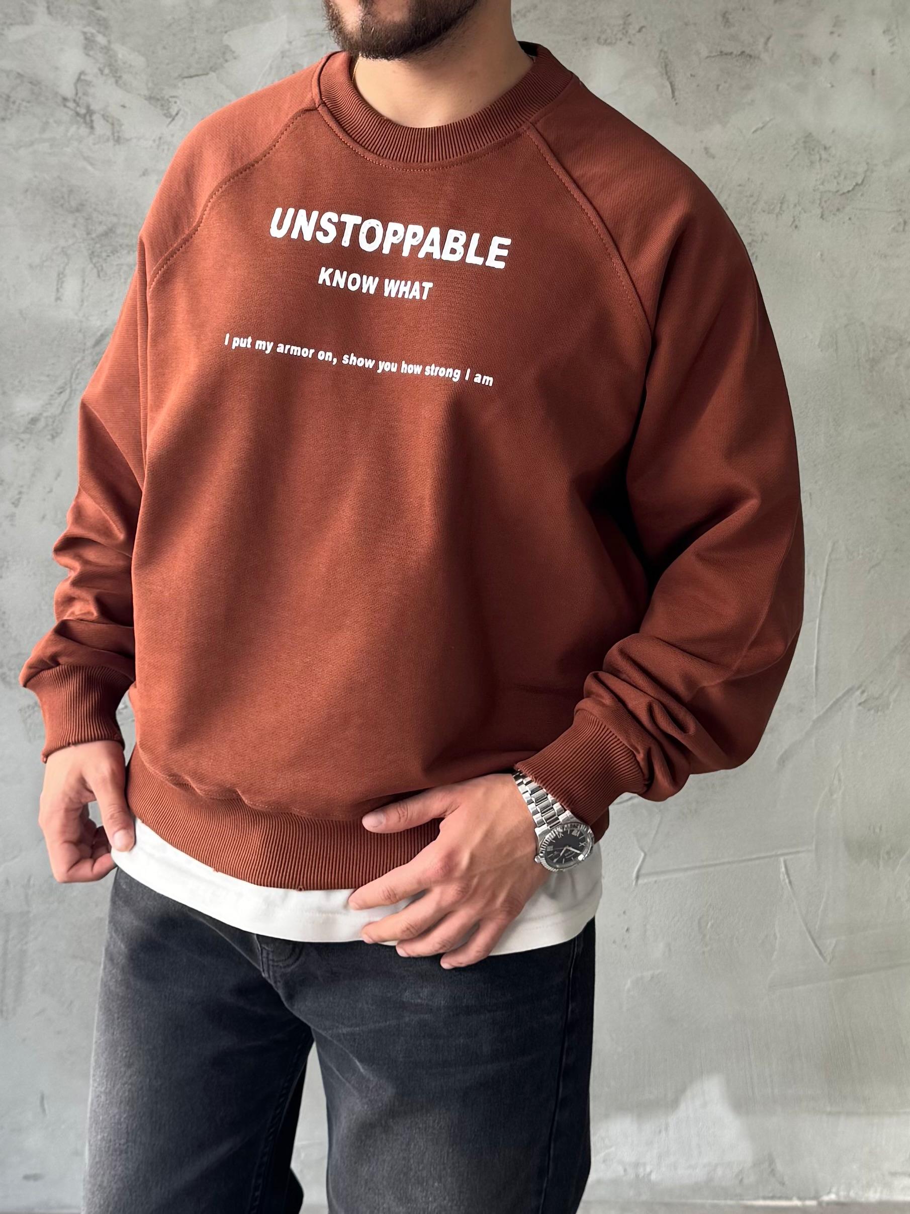 Kahve Unstoppable Baskılı Oversize Sweatshirt