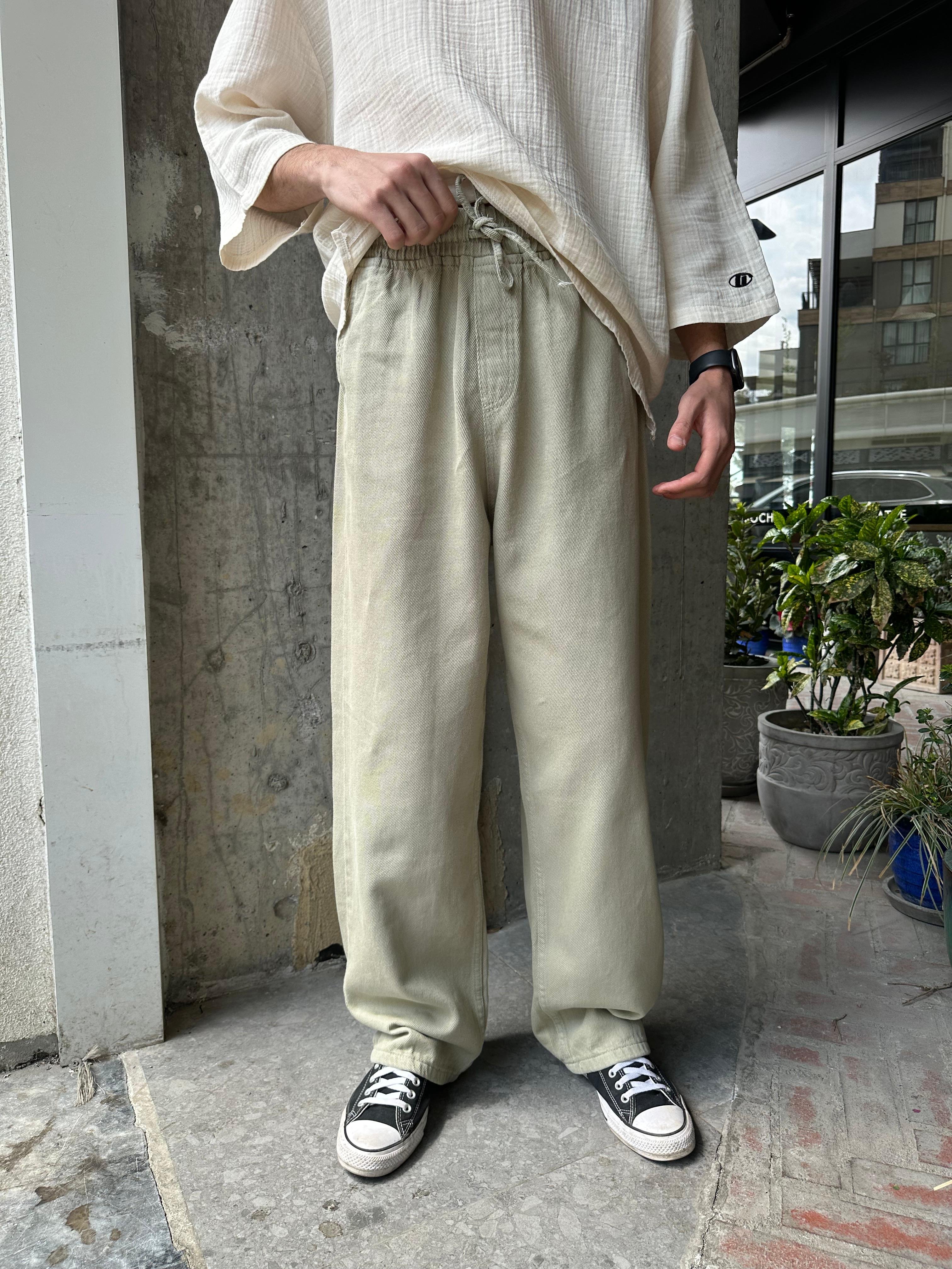 GABARDİN KUMAŞ BAGGY KALIP PANTOLON - HAKİ