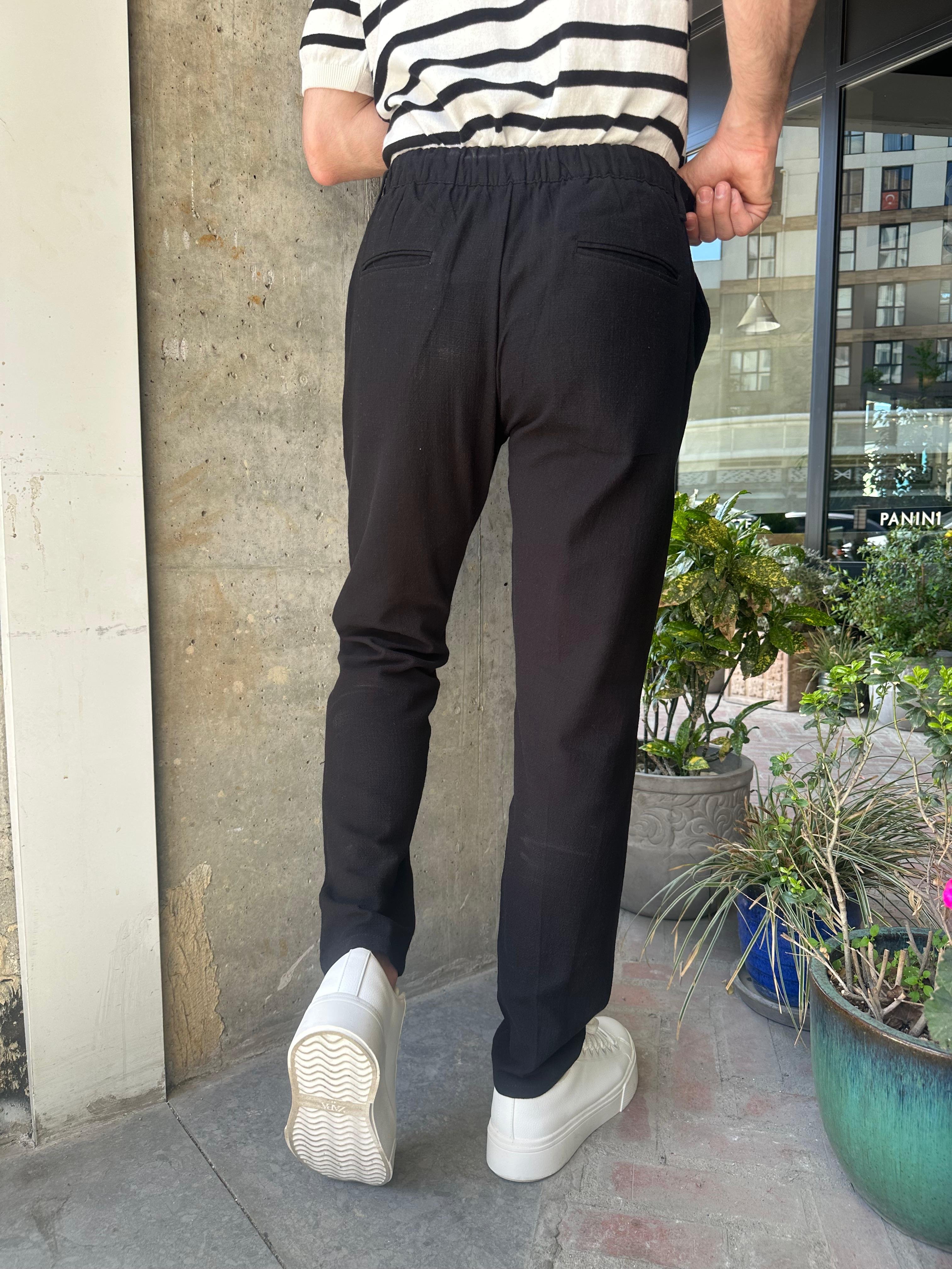 BELİ İPLİ REGULAR KALIP KETEN PANTOLON - SİYAH