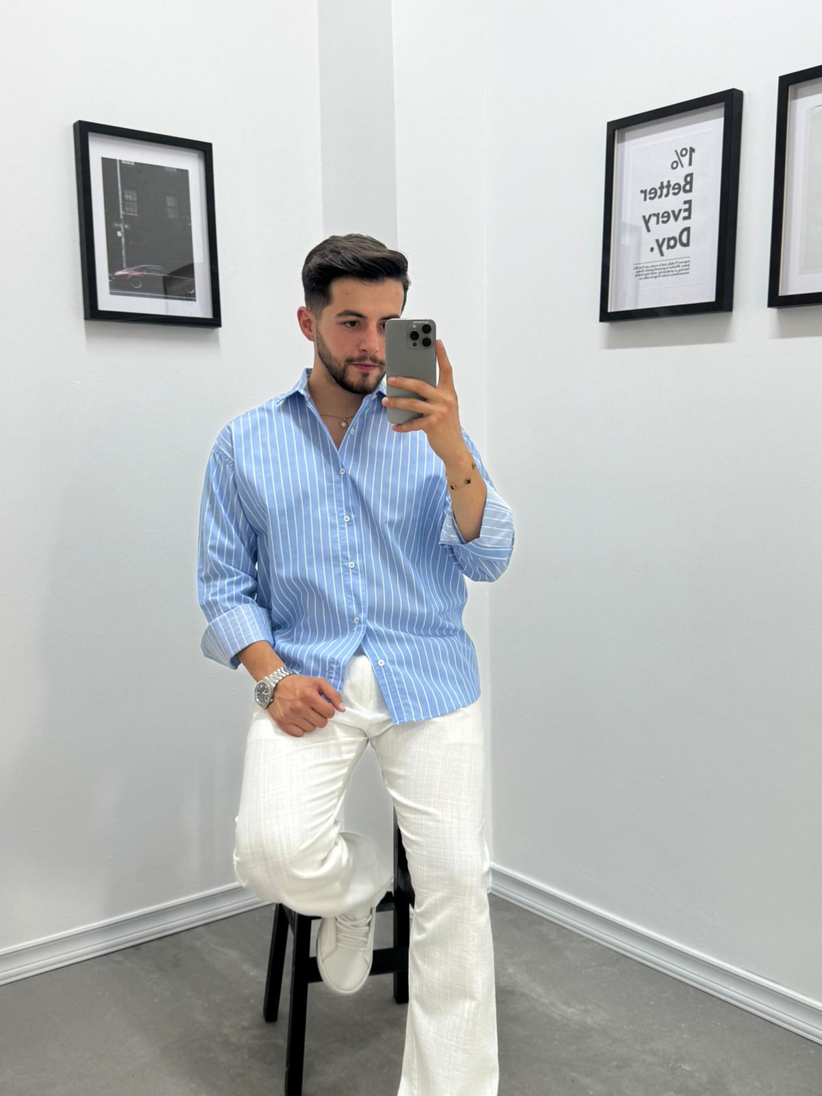 OVERSIZE ÇİZGİLİ GÖMLEK - BEBE MAVİ