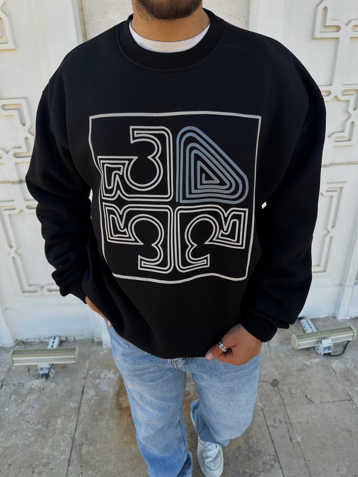 OVERSIZE KABARTMA BASKILI SWEATSHIRT - SİYAH