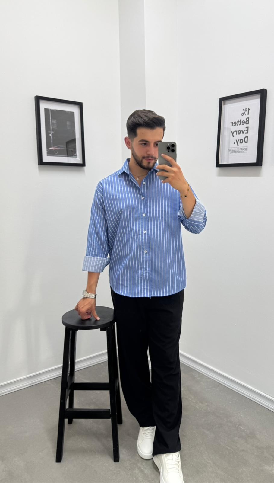 OVERSIZE ÇİZGİLİ GÖMLEK - LACİVERT