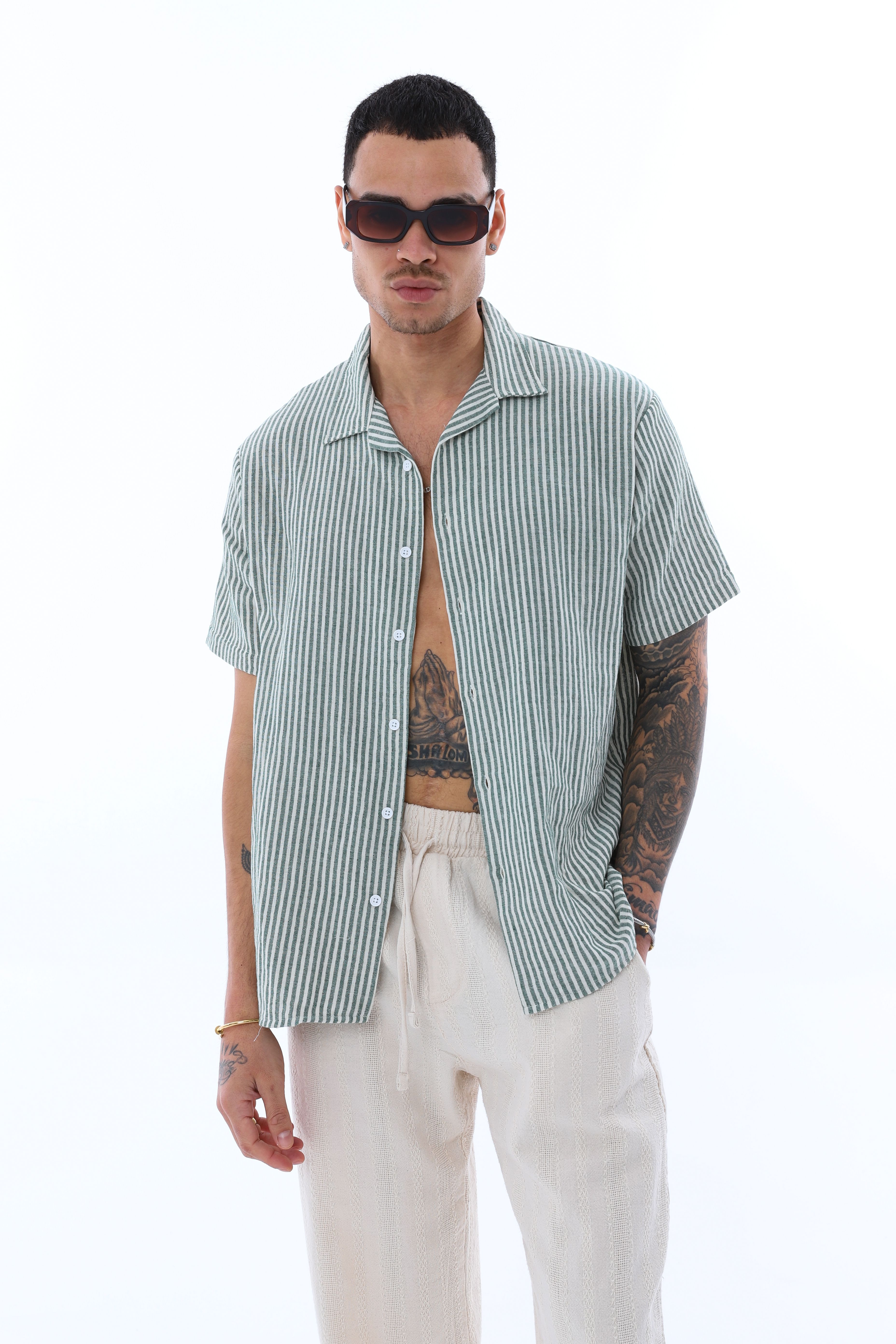 OVERSIZE KALIN ÇİZGİLİ KISA KOLLU GÖMLEK - HAKİ - BEYAZ