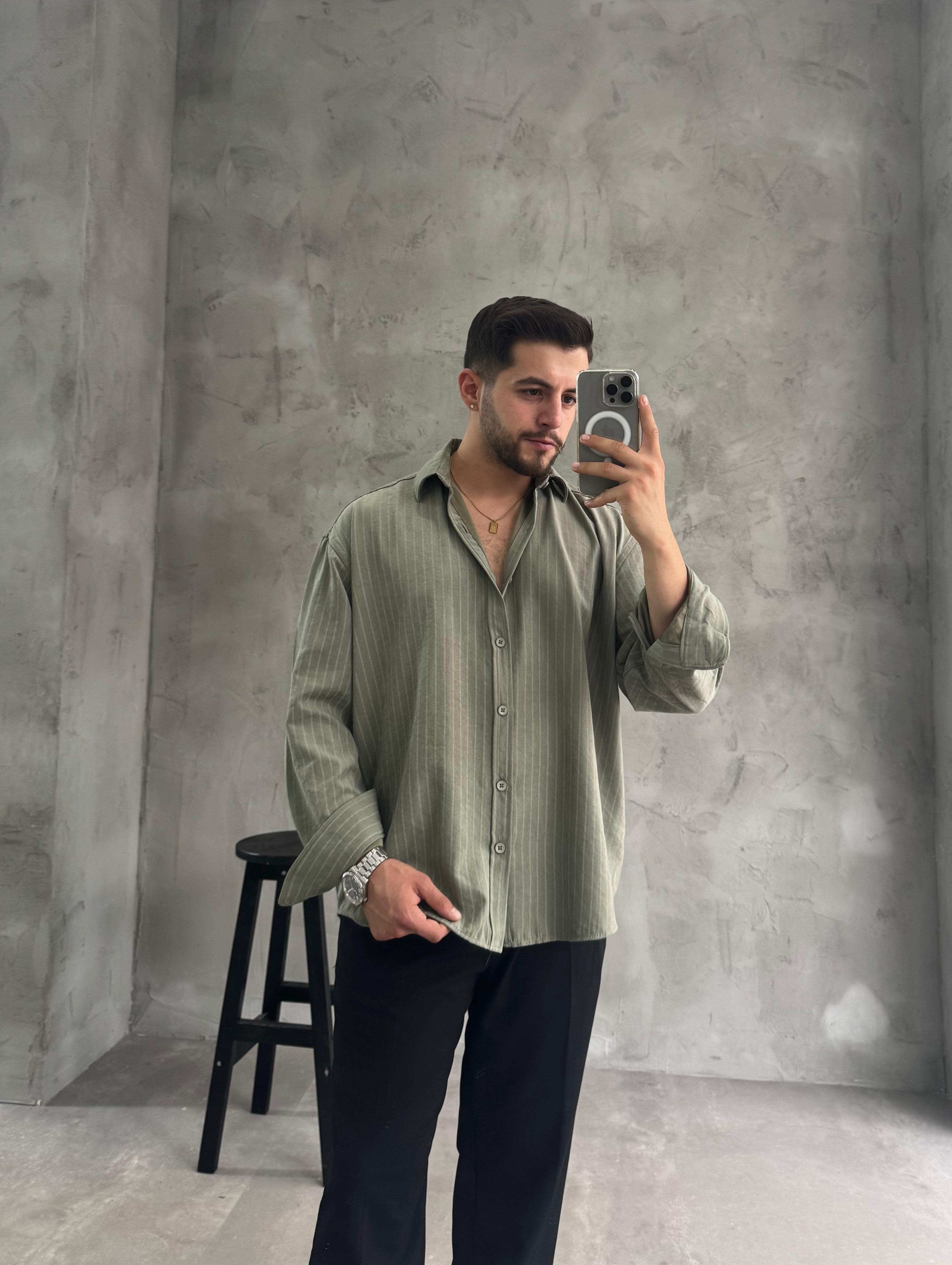 GG Haki Kışlık Modal Kumaş Çizgili Gömlek