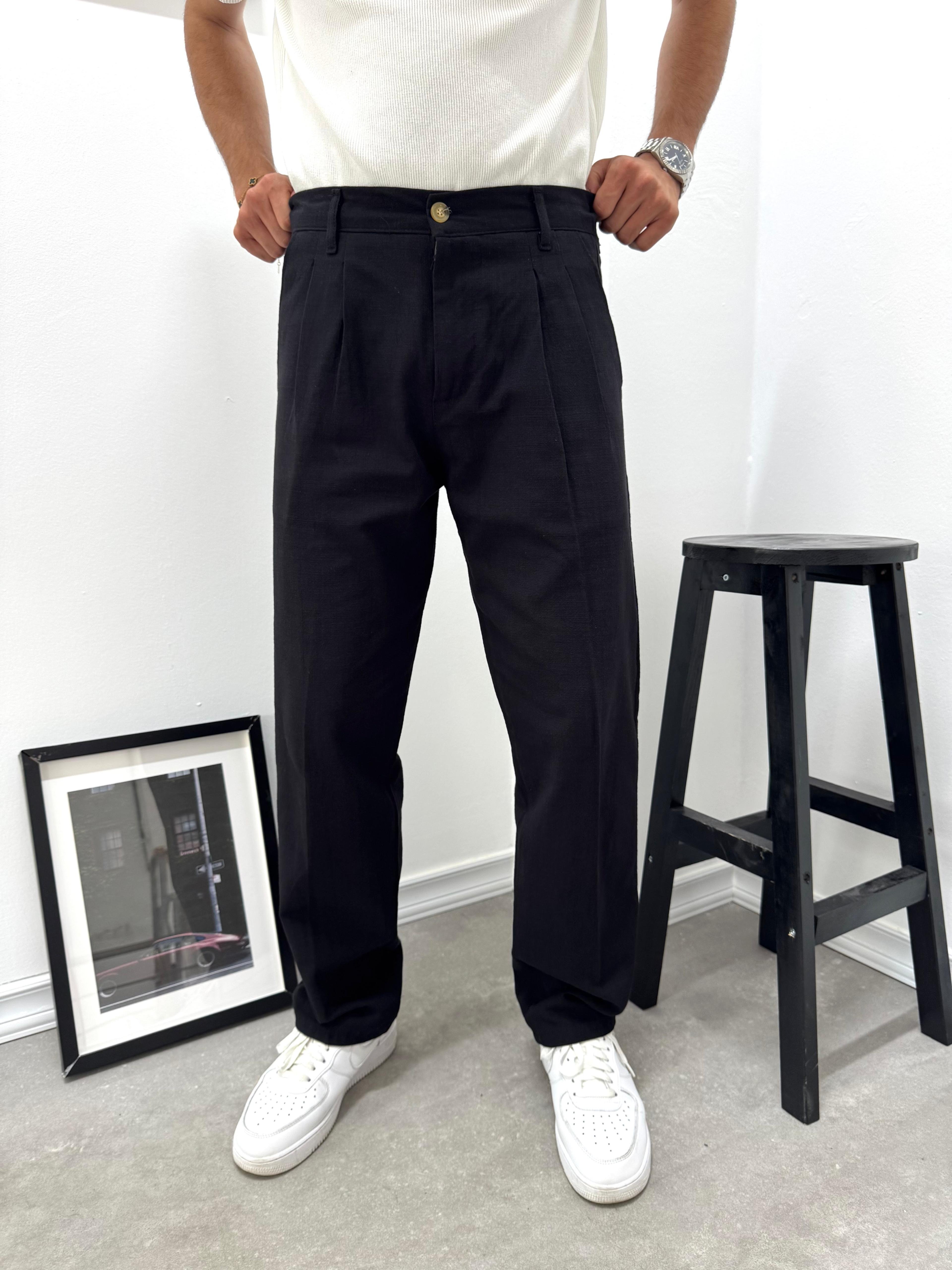 PİLELİ BAGGY KETEN PANTOLON - SİYAH