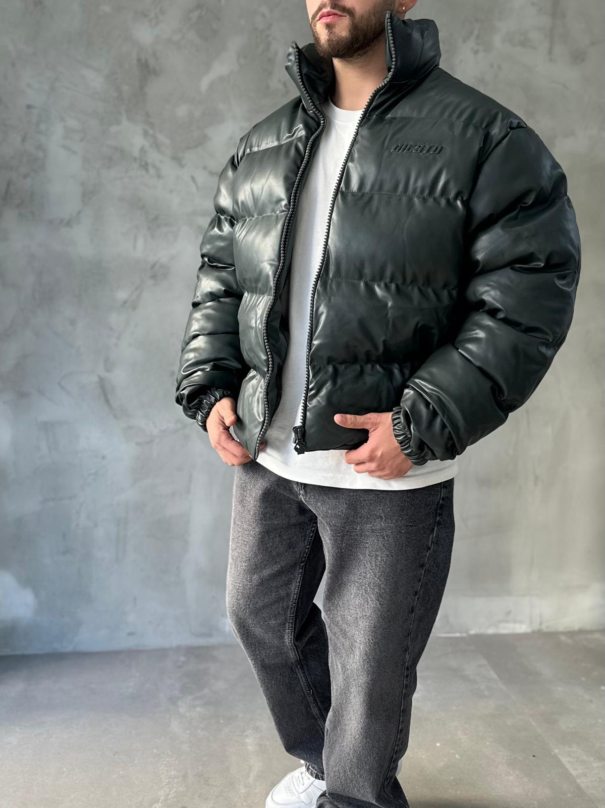 Haki Premium Deri Oversize Şişme Mont 