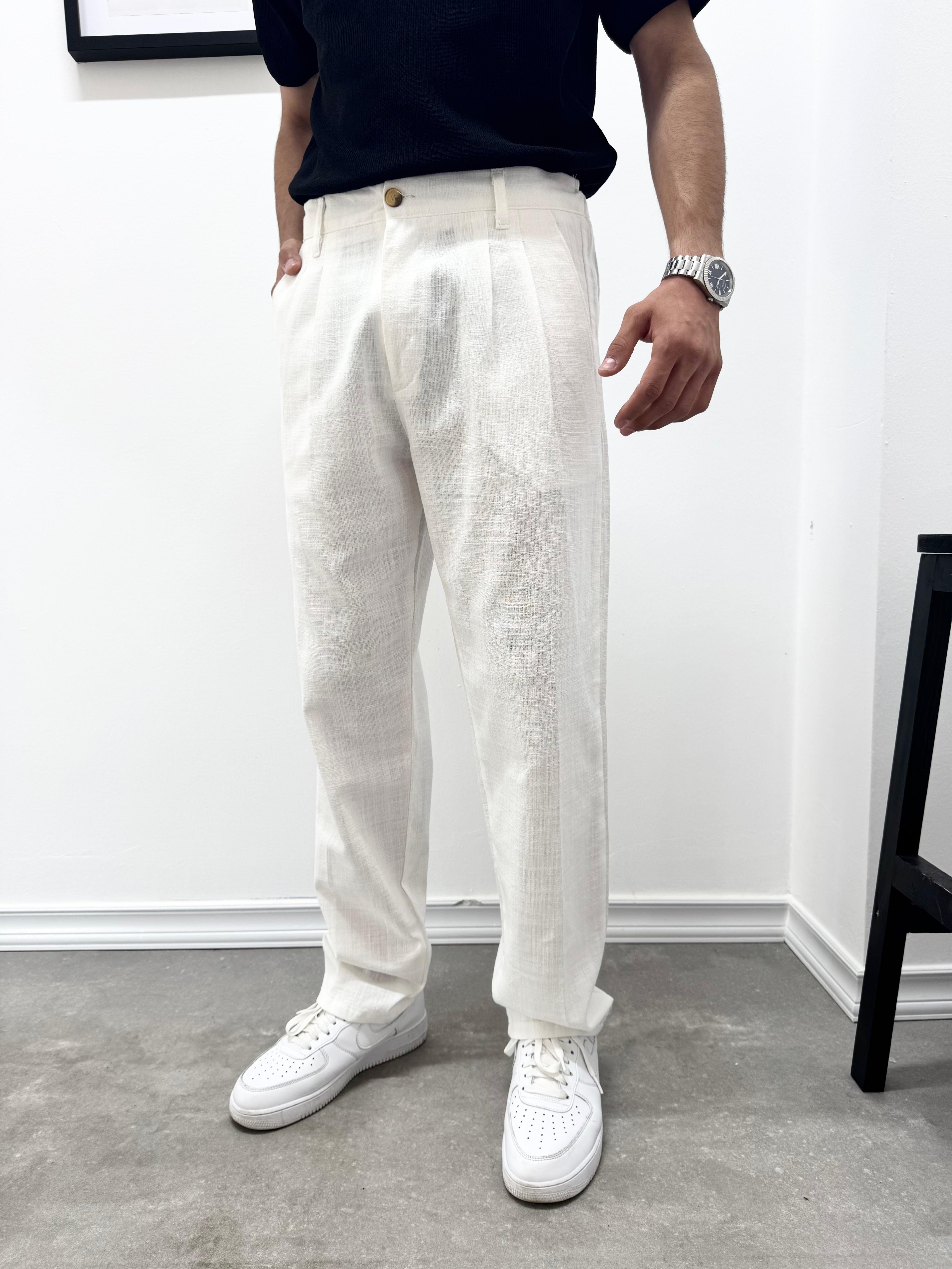 PİLELİ BAGGY KETEN PANTOLON - BEYAZ