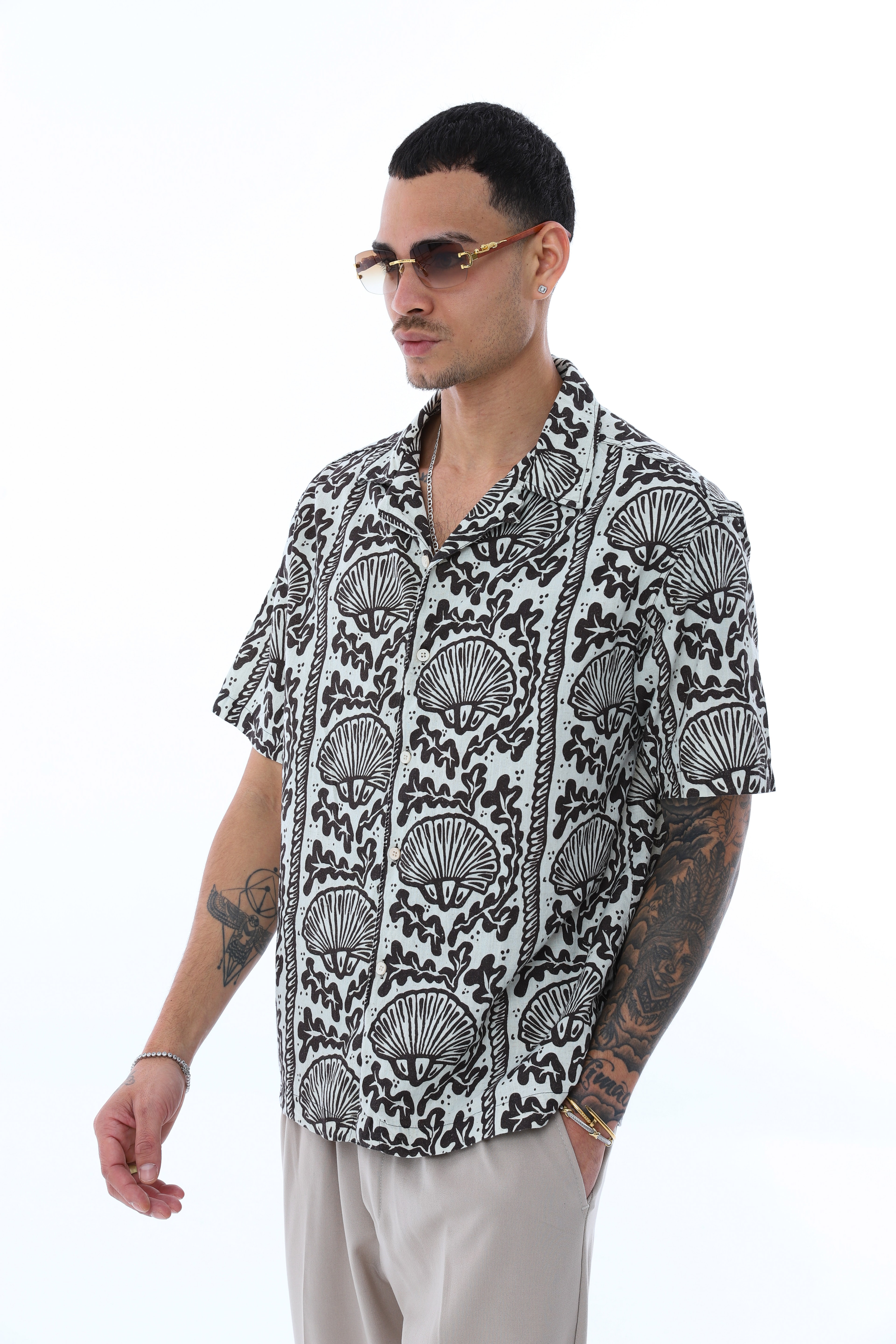 DESENLİ KISA KOLLU KETEN GÖMLEK - KAHVE