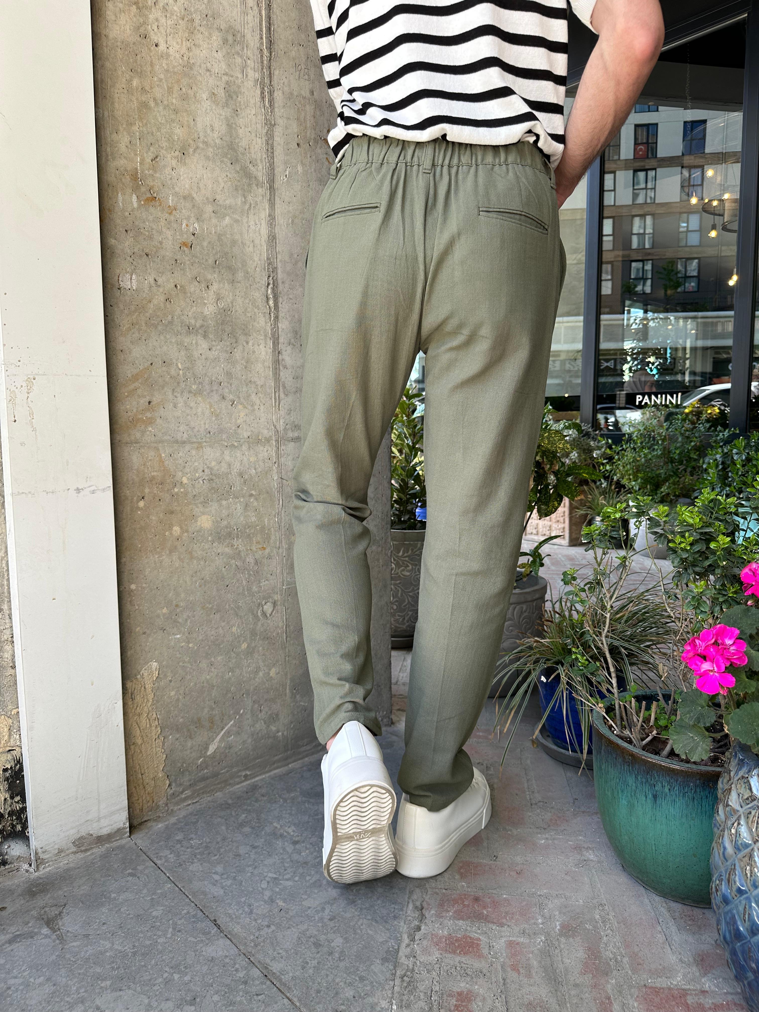 BELİ İPLİ REGULAR KALIP KETEN PANTOLON - HAKİ