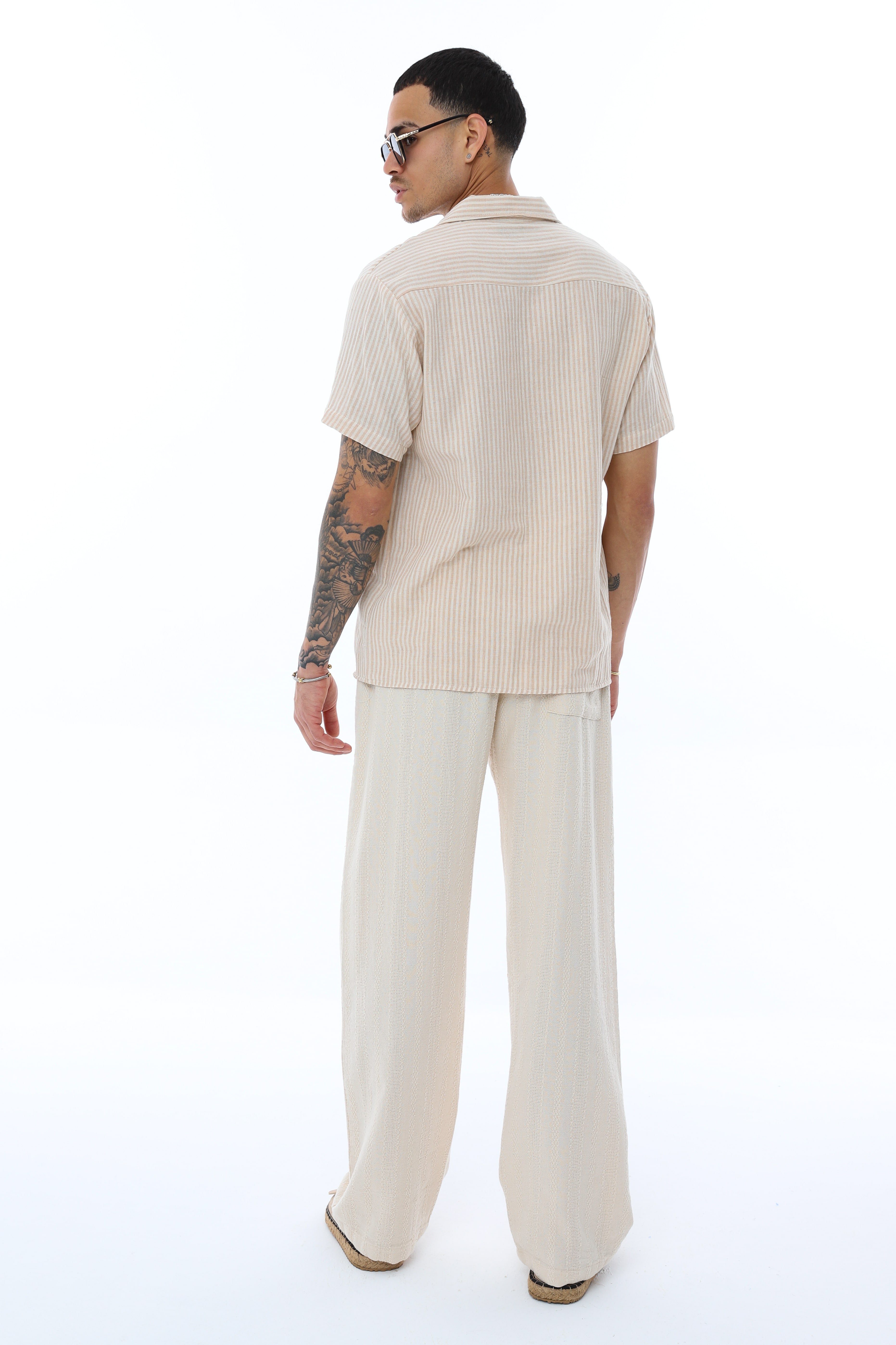 OVERSIZE KALIN ÇİZGİLİ KISA KOLLU GÖMLEK - KAHVE - BEYAZ