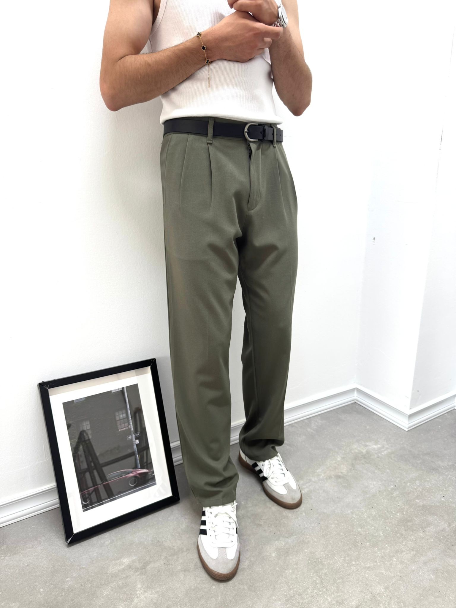 PİLELİ BAGGY KUMAŞ PANTOLON - HAKİ
