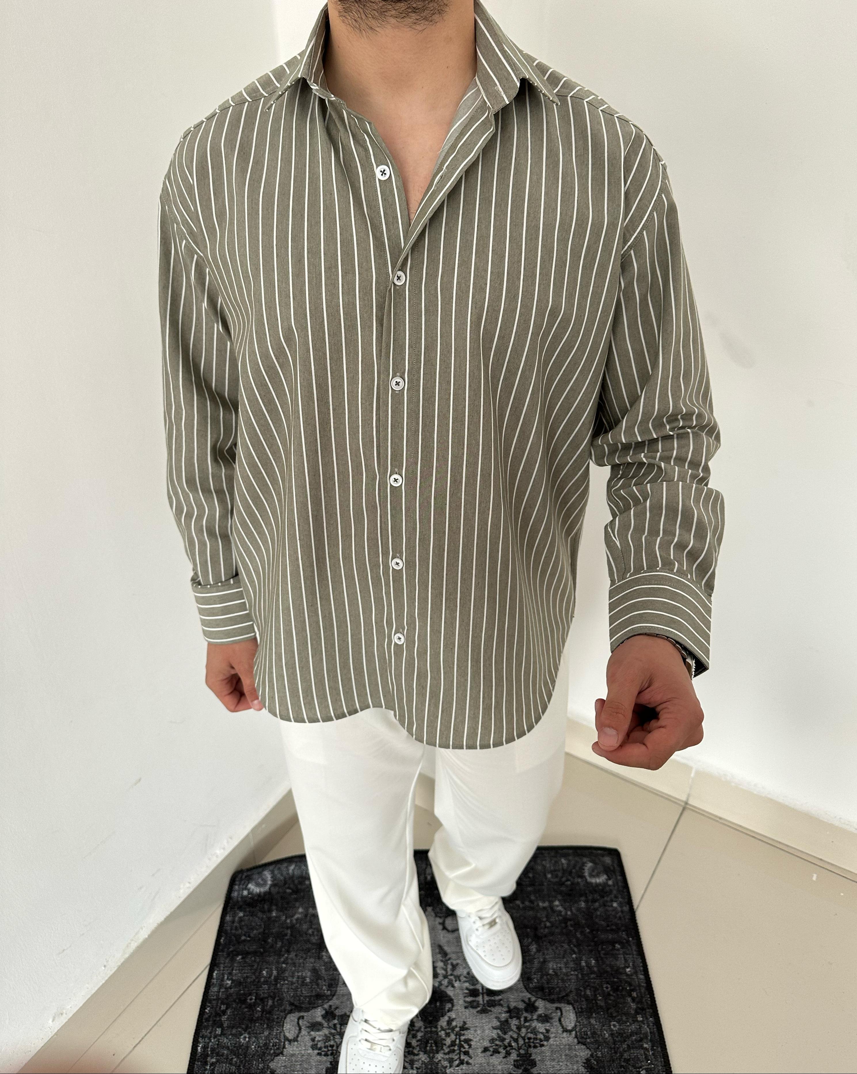 OVERSIZE ÇİZGİ DETAYLI GÖMLEK - HAKİ