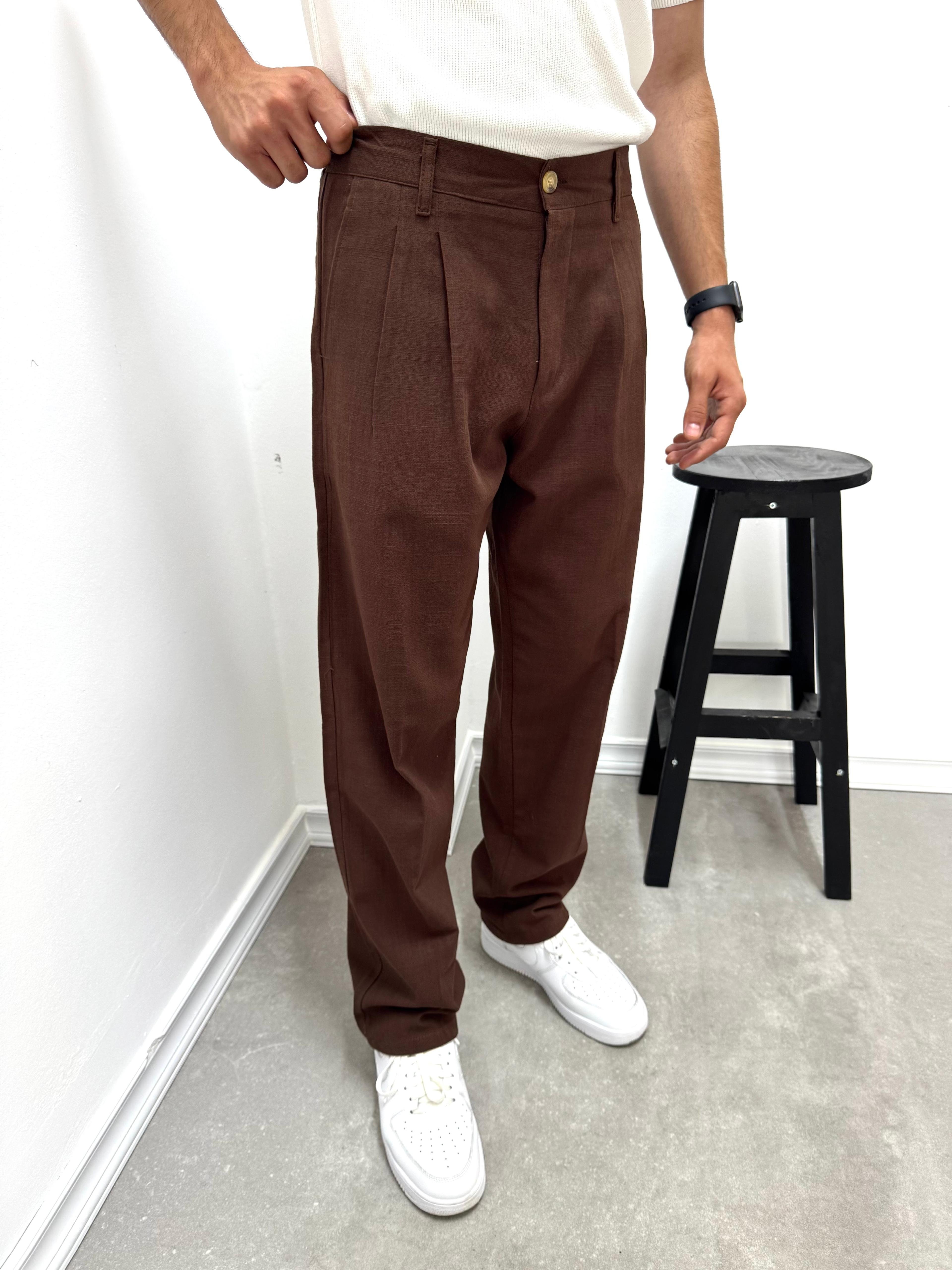PİLELİ BAGGY KETEN PANTOLON - KAHVE