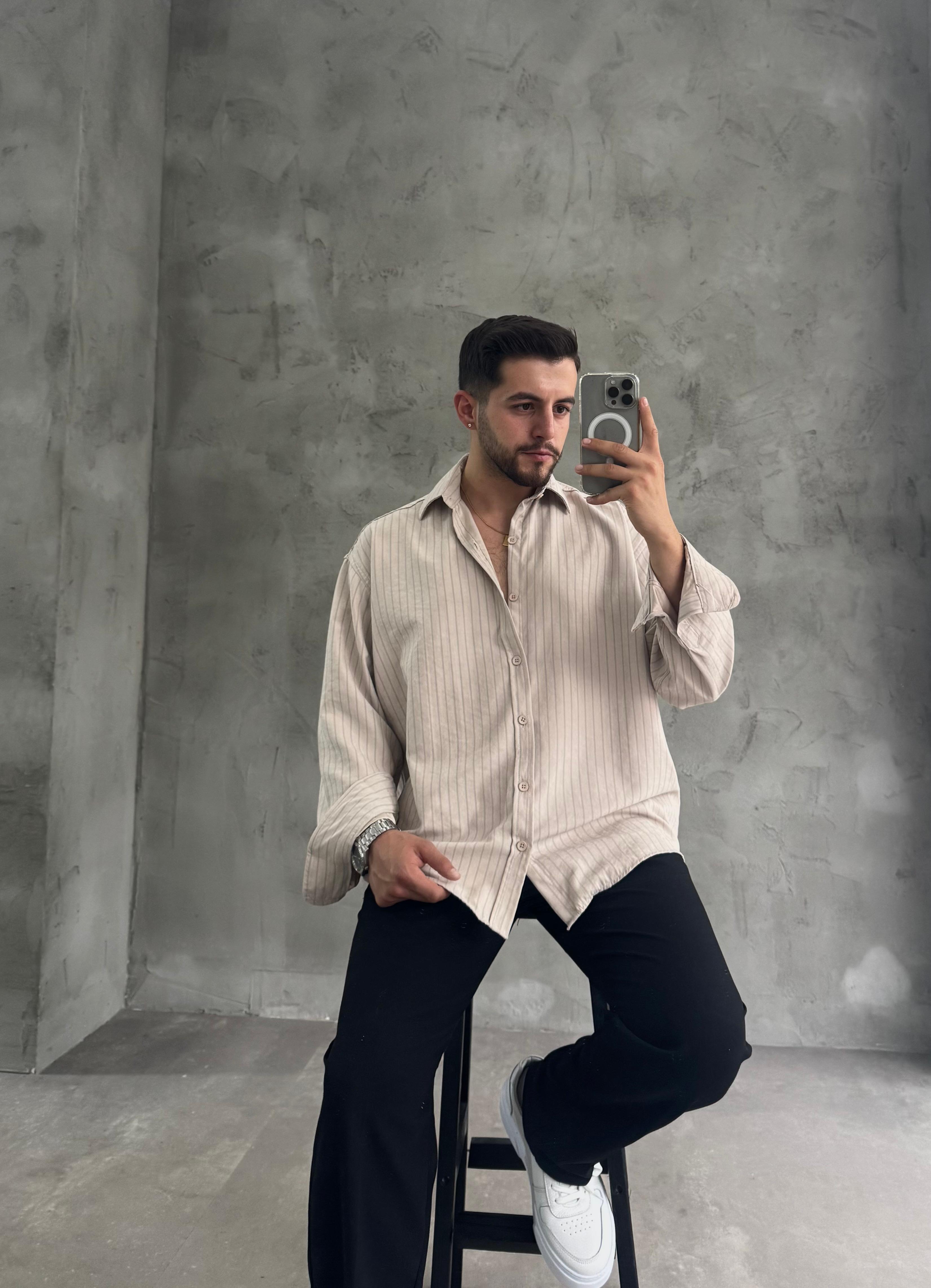 GG Krem Kışlık Modal Kumaş Çizgili Gömlek