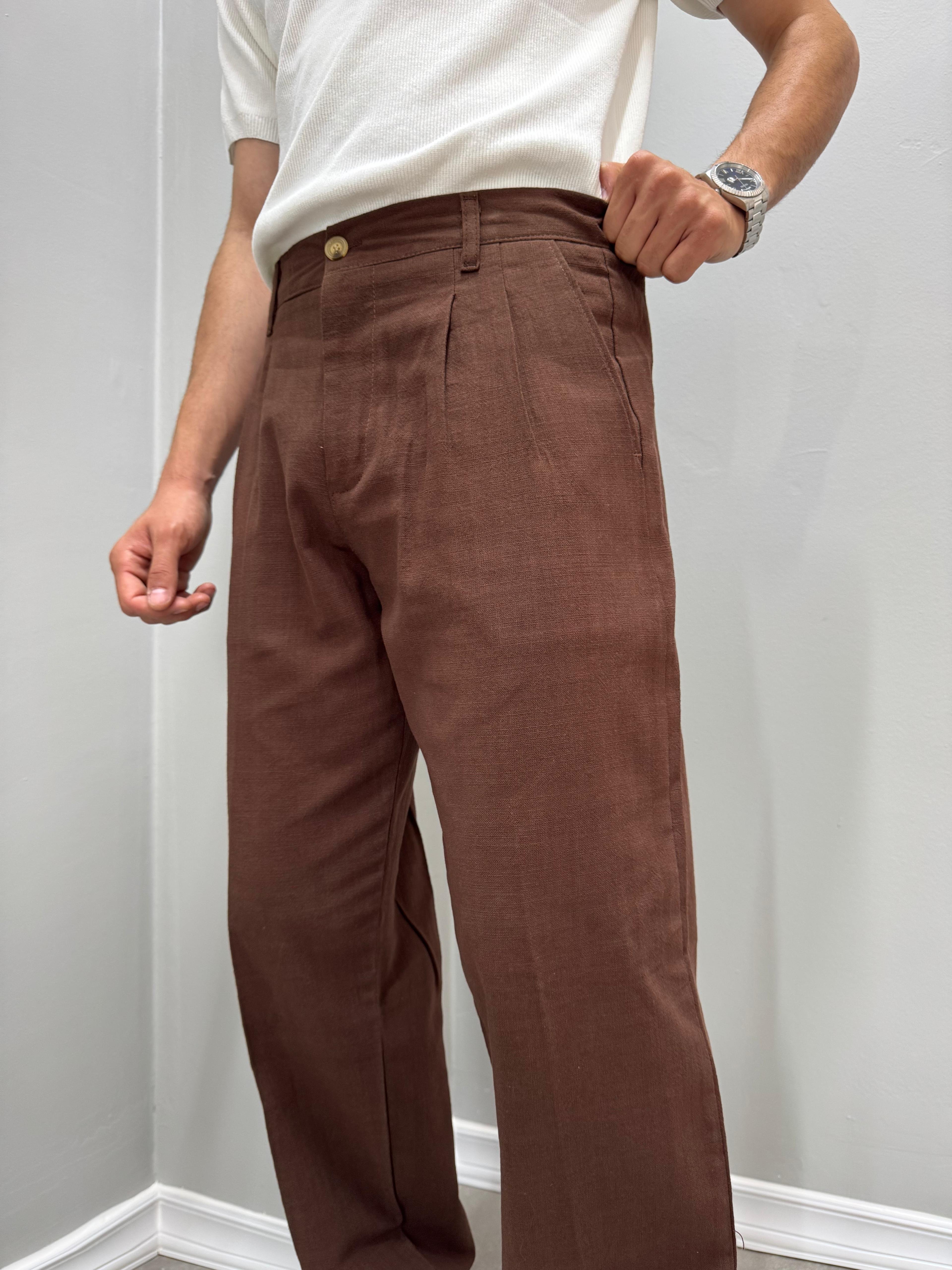 PİLELİ BAGGY KETEN PANTOLON - KAHVE