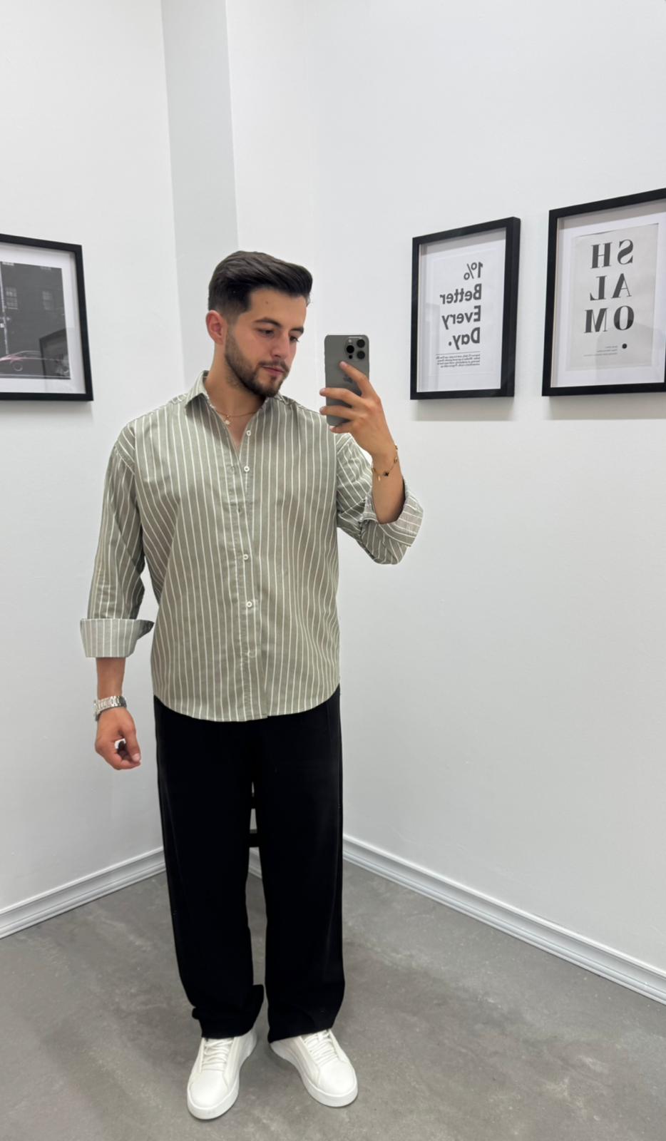 OVERSIZE ÇİZGİLİ GÖMLEK - HAKİ