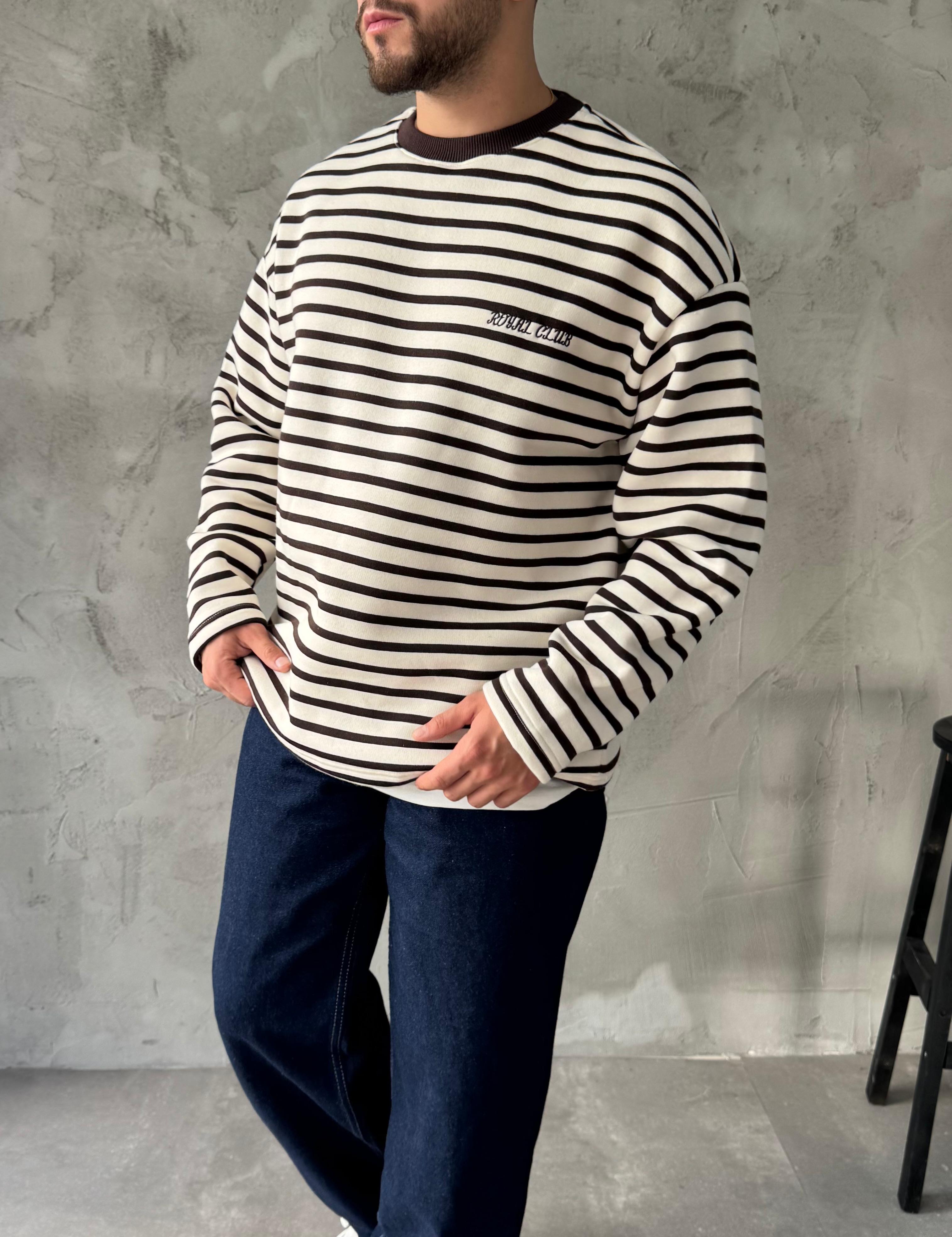 Kahve Royal Club Çizgili Sweatshirt