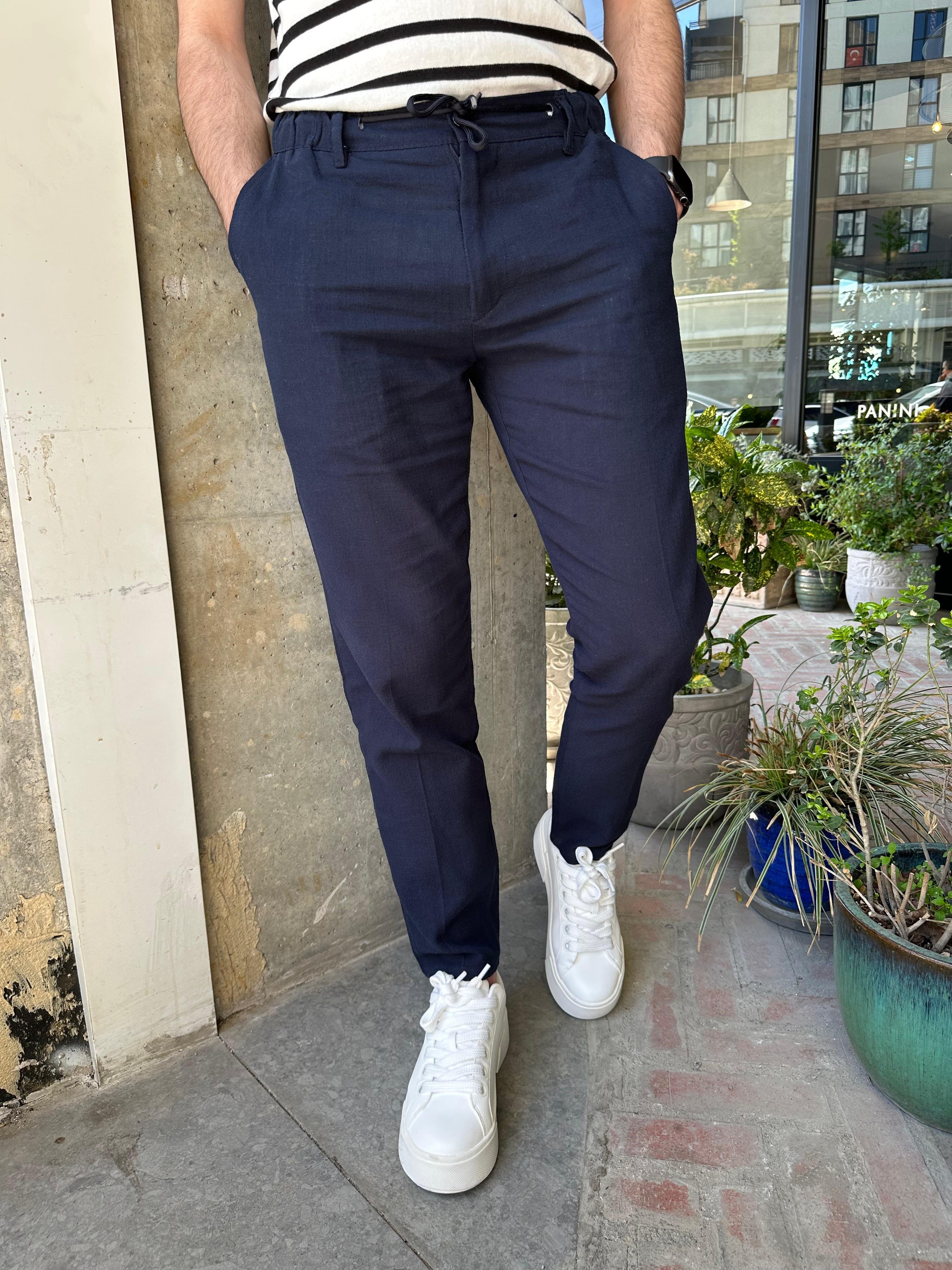 BELİ İPLİ REGULAR KALIP KETEN PANTOLON - LACİVERT