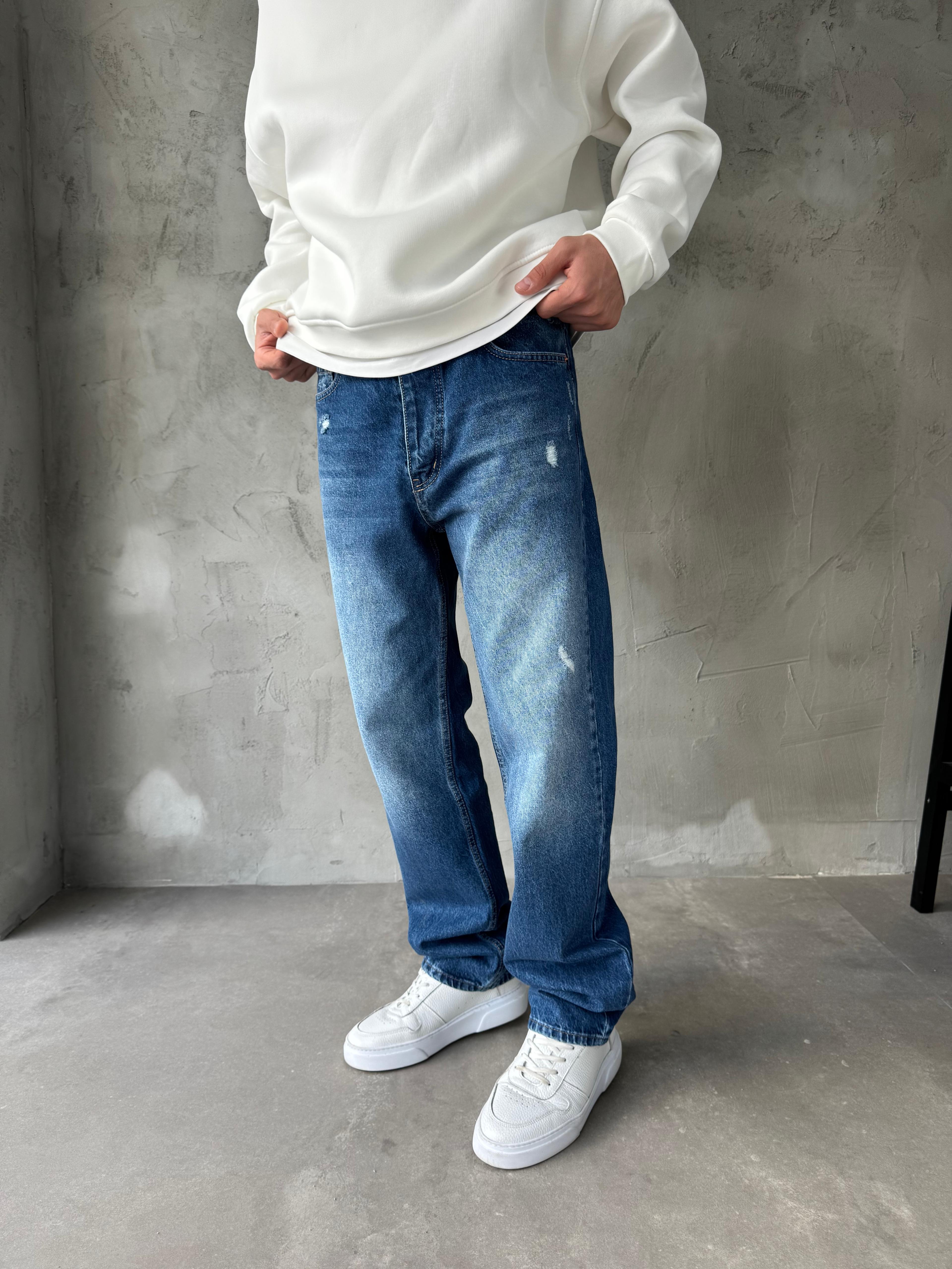 MAVİ TAŞLANMIŞ YIRTIKLI BAGGY KALIP PANTOLON - MAVİ