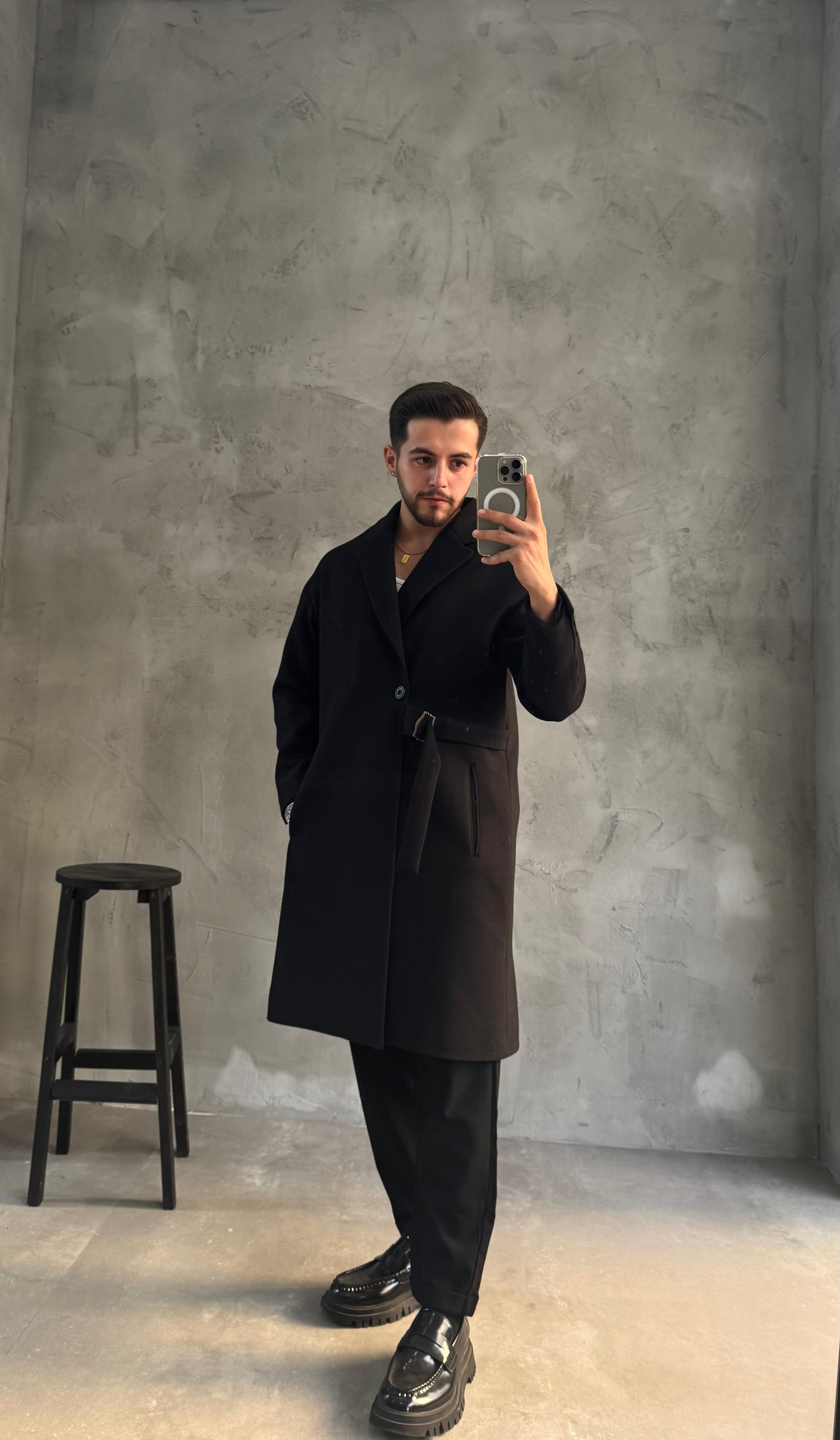 Siyah Premium Kemerli Kaban