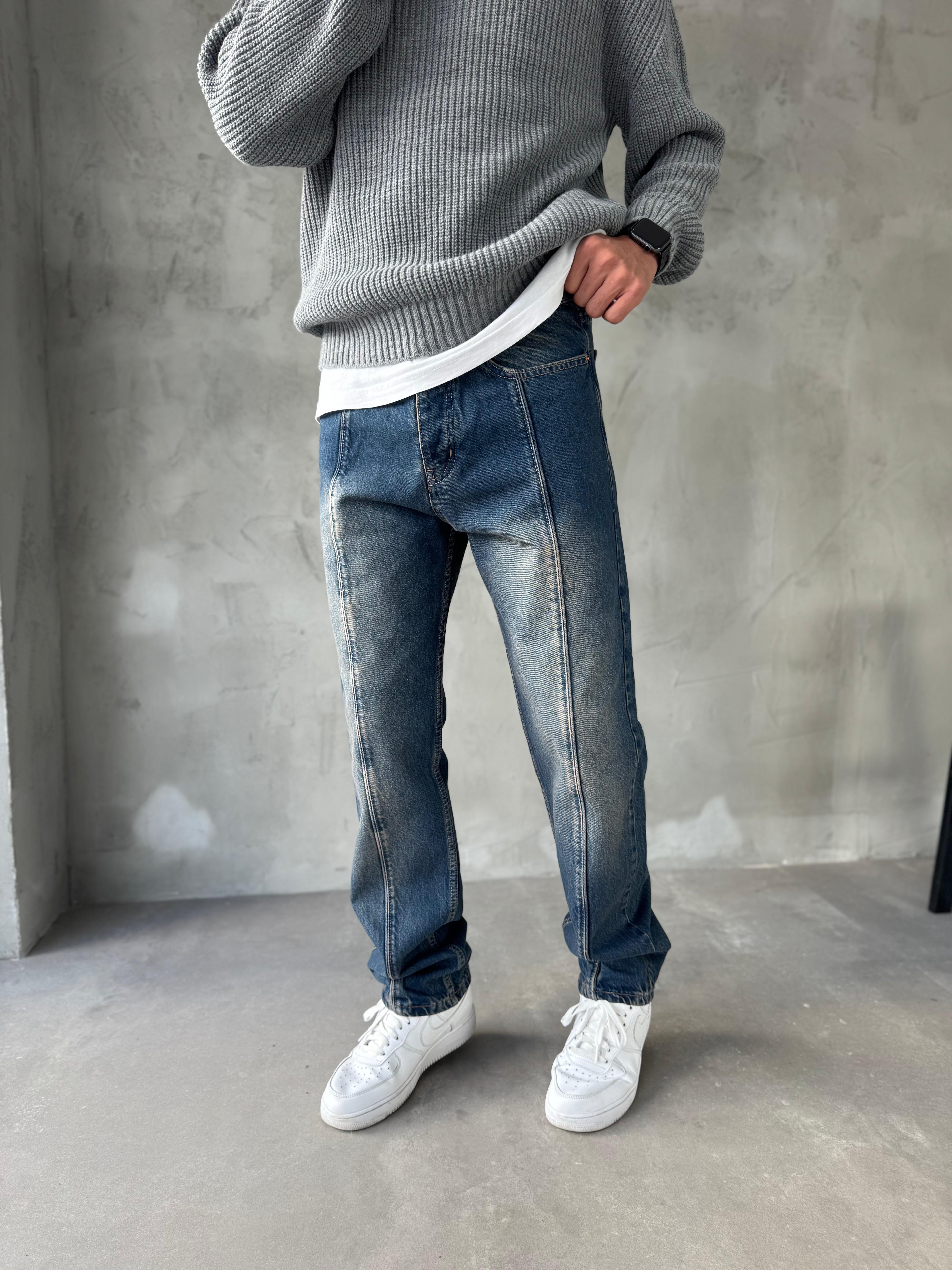 Mavi Yıkamalı Çizgi Detay Baggy Jean