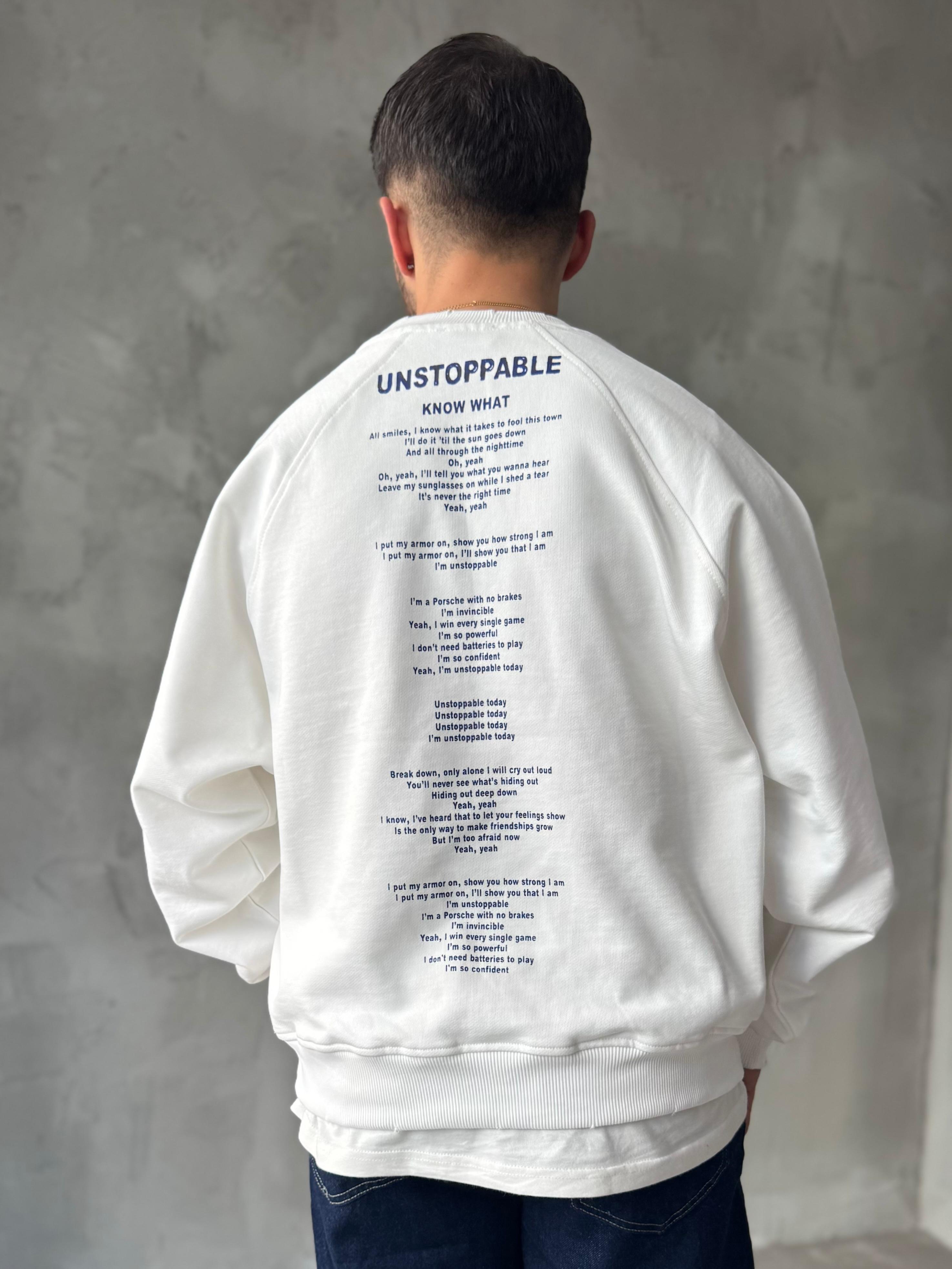 Beyaz Unstoppable Baskılı Oversize Sweatshirt
