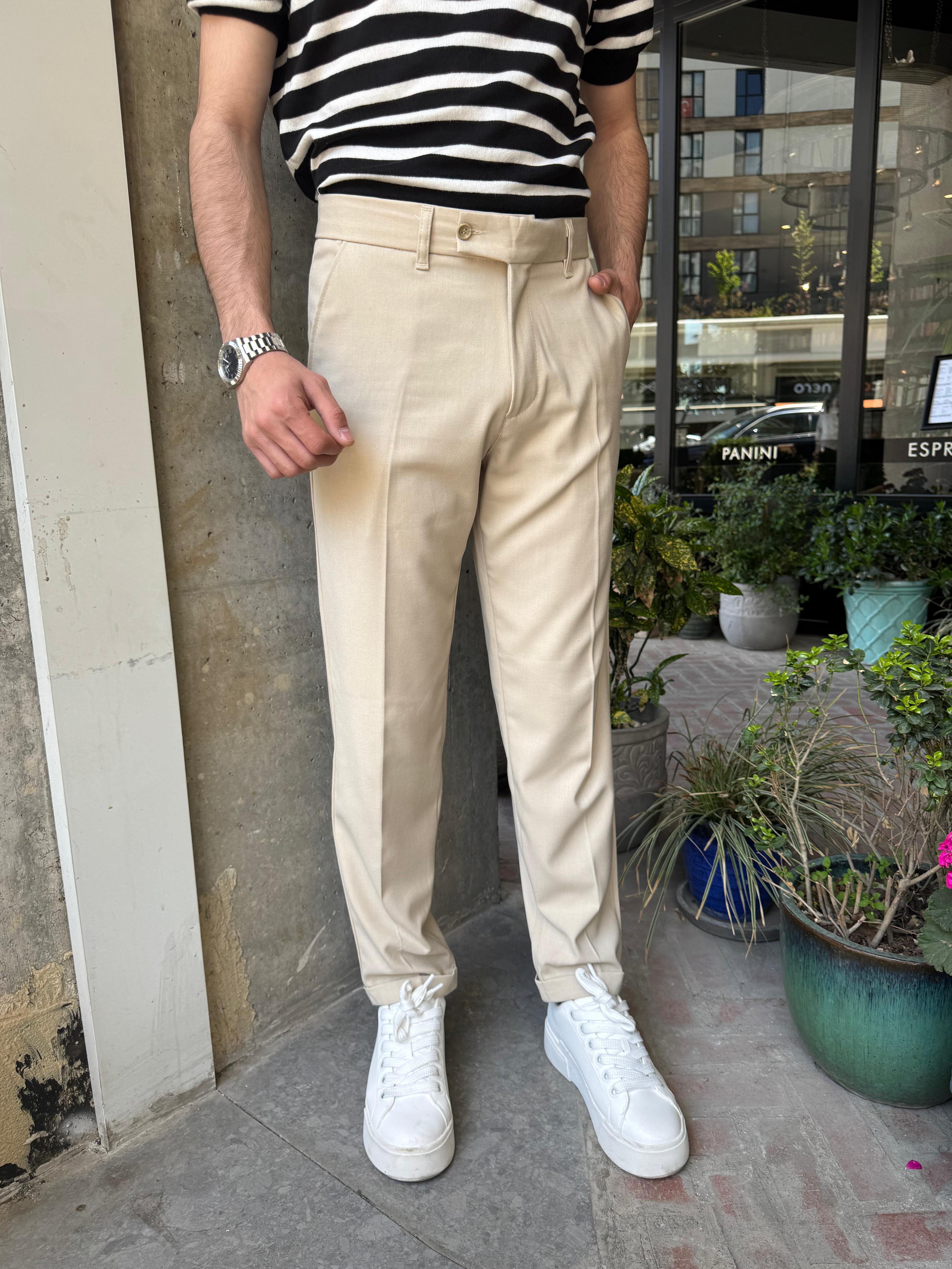 DOUBLE PAÇA KISA DİLLİ KUMAŞ PANTOLON - BEJ