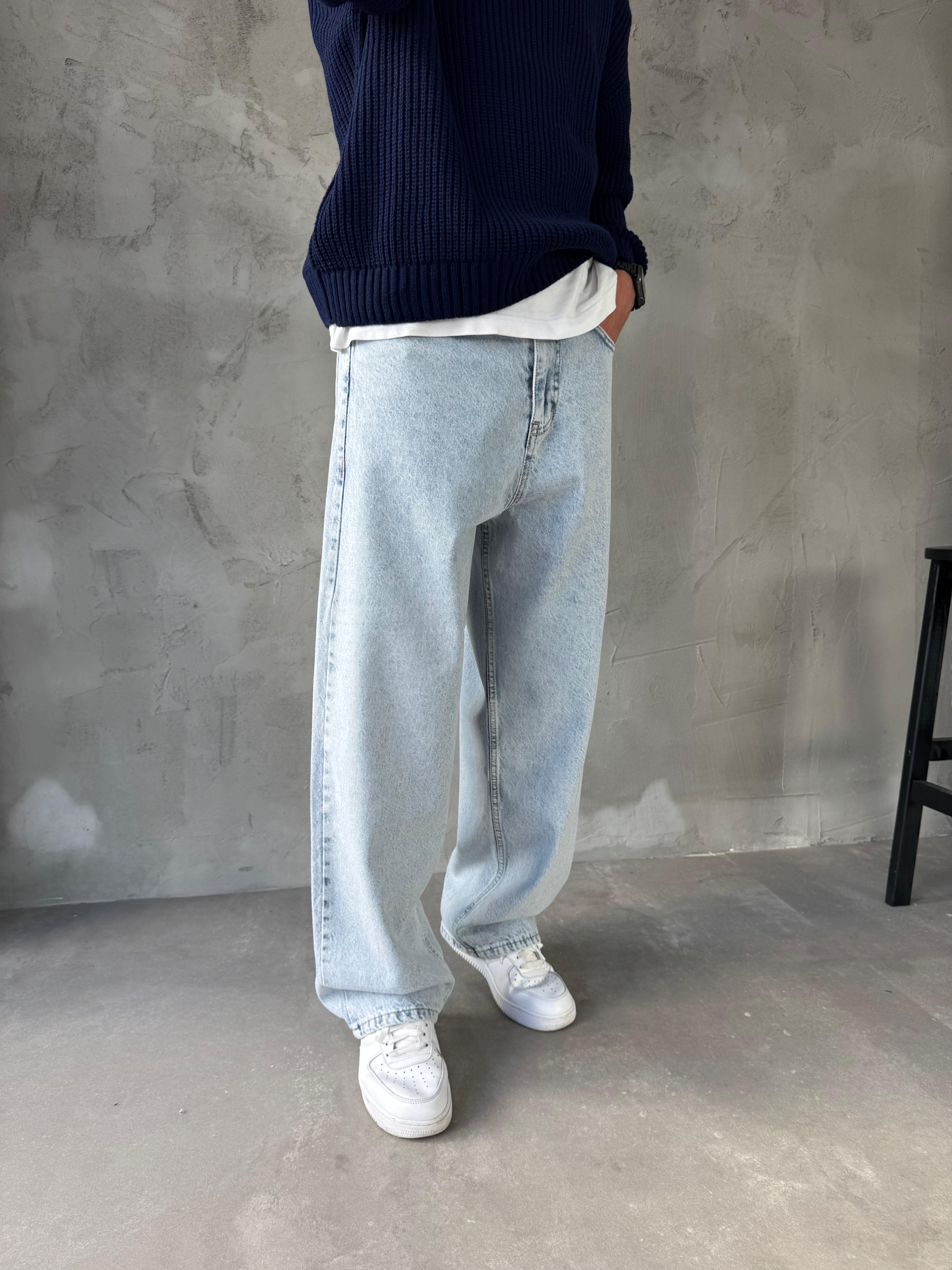 Buz Mavisi Yıkamalı Bol Kalıp Jean