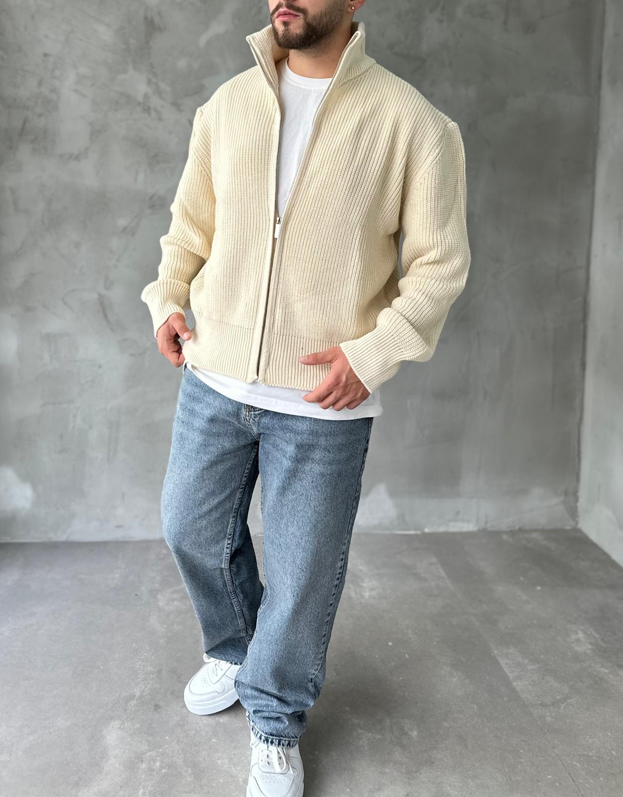 Ekru Tam Fermuarlı Oversize Örme Hırka