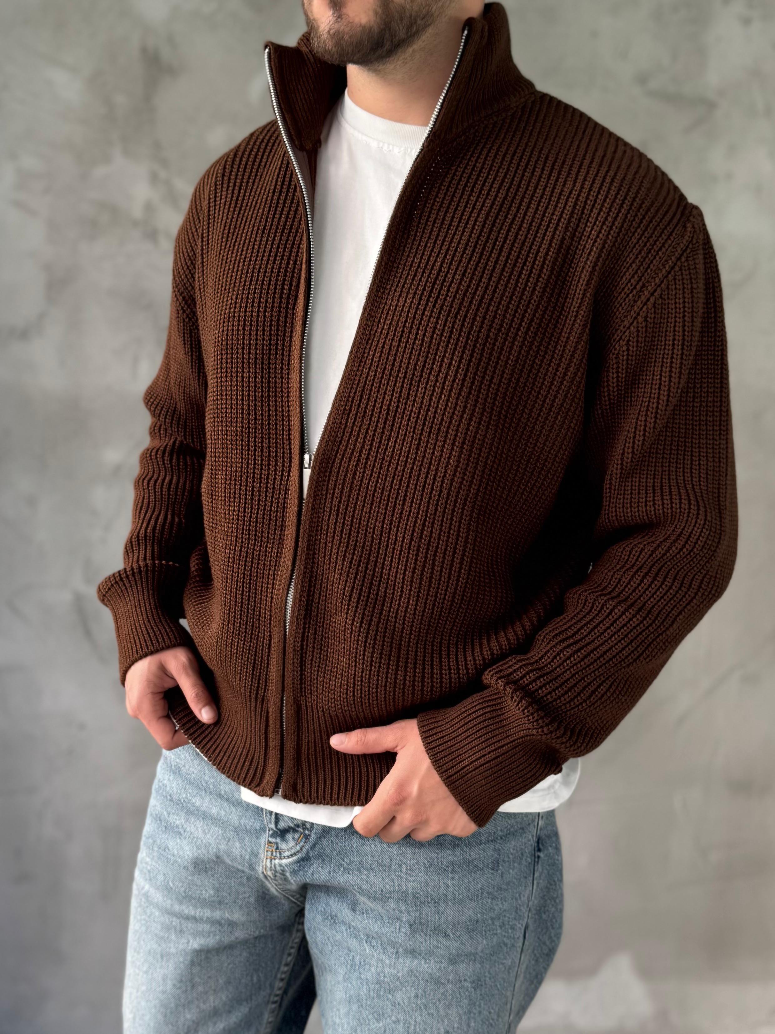 Kahve Tam Fermuarlı Oversize Örme Hırka