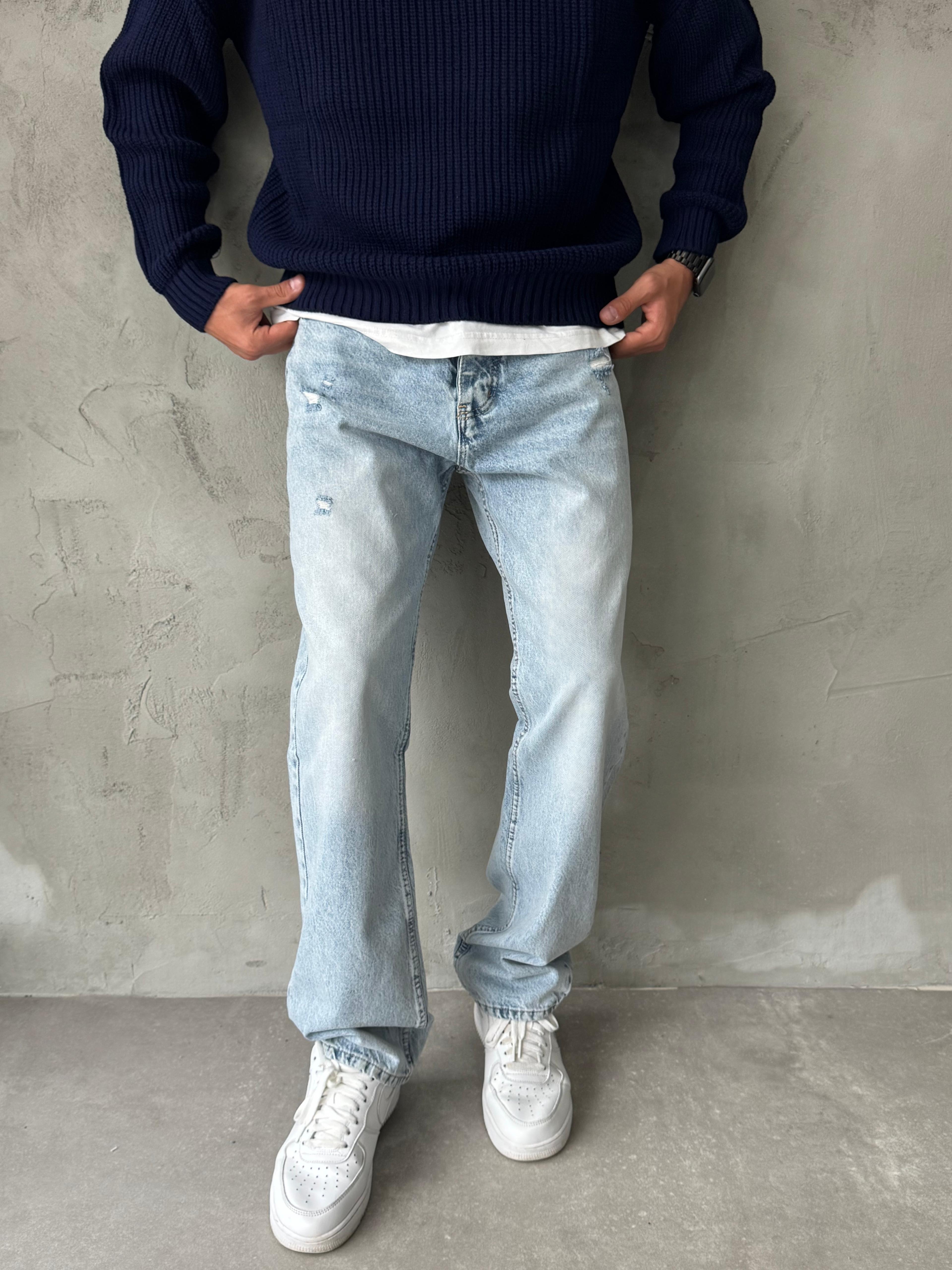 Buz Mavisi Yırtık Detaylı Taşlamalı Baggy Jean