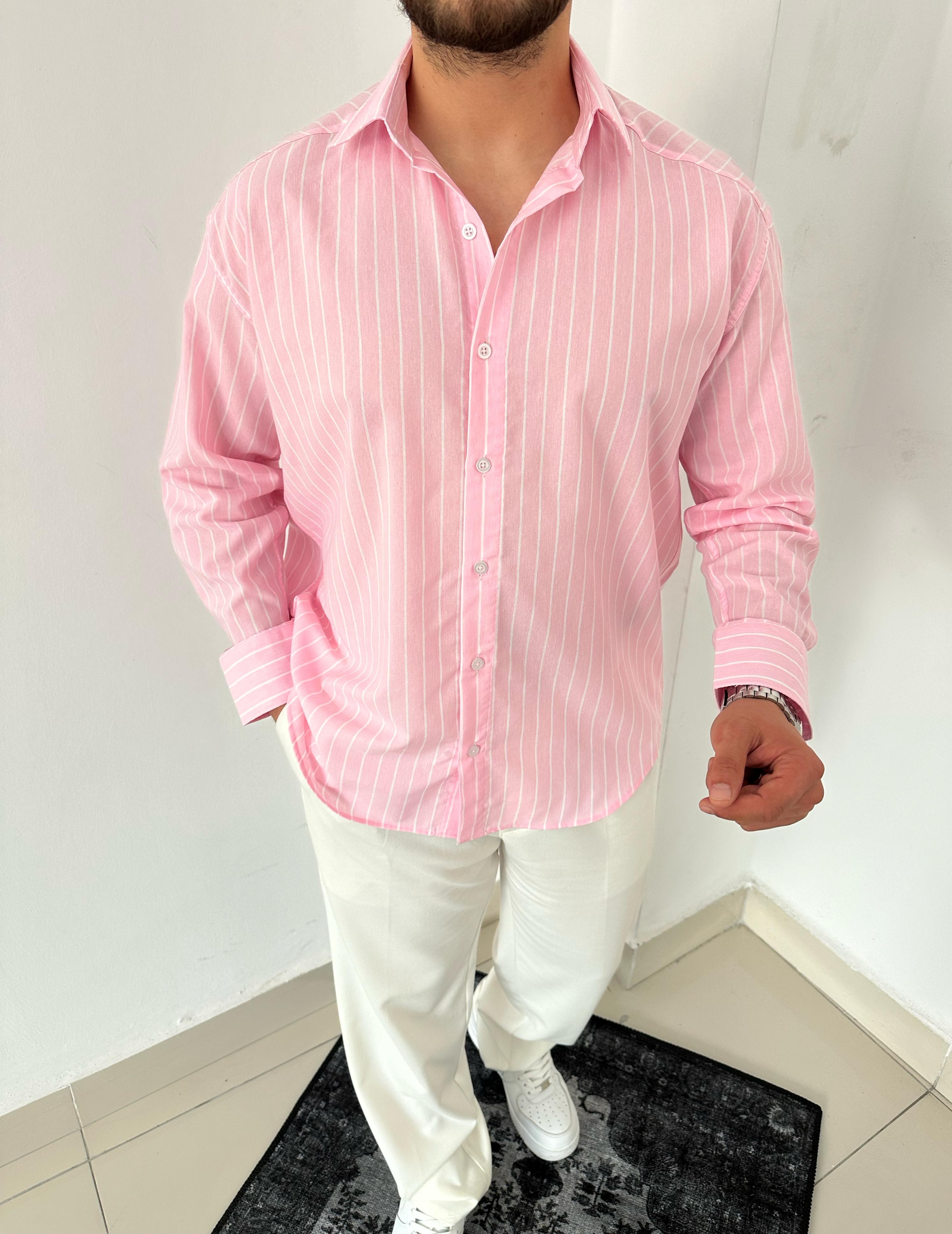 OVERSIZE ÇİZGİ DETAYLI GÖMLEK - PEMBE
