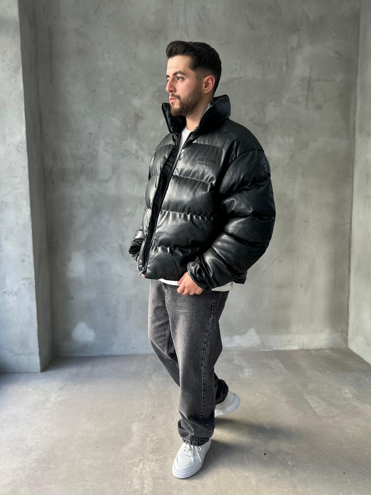 Siyah Premium Deri Oversize Şişme Mont 