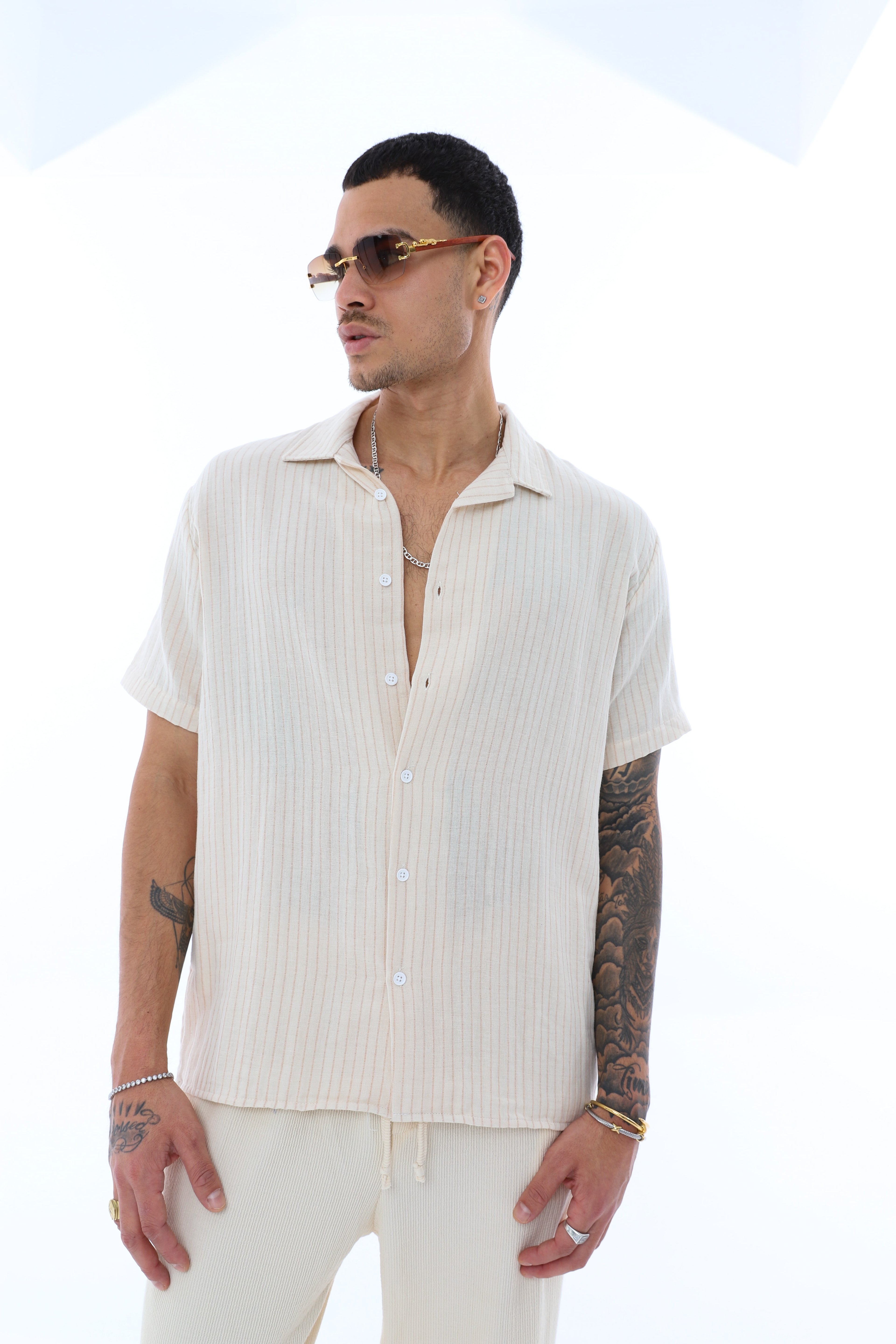 OVERSIZE İNCE ÇİZGİLİ GÖMLEK - KAHVE - BEYAZ