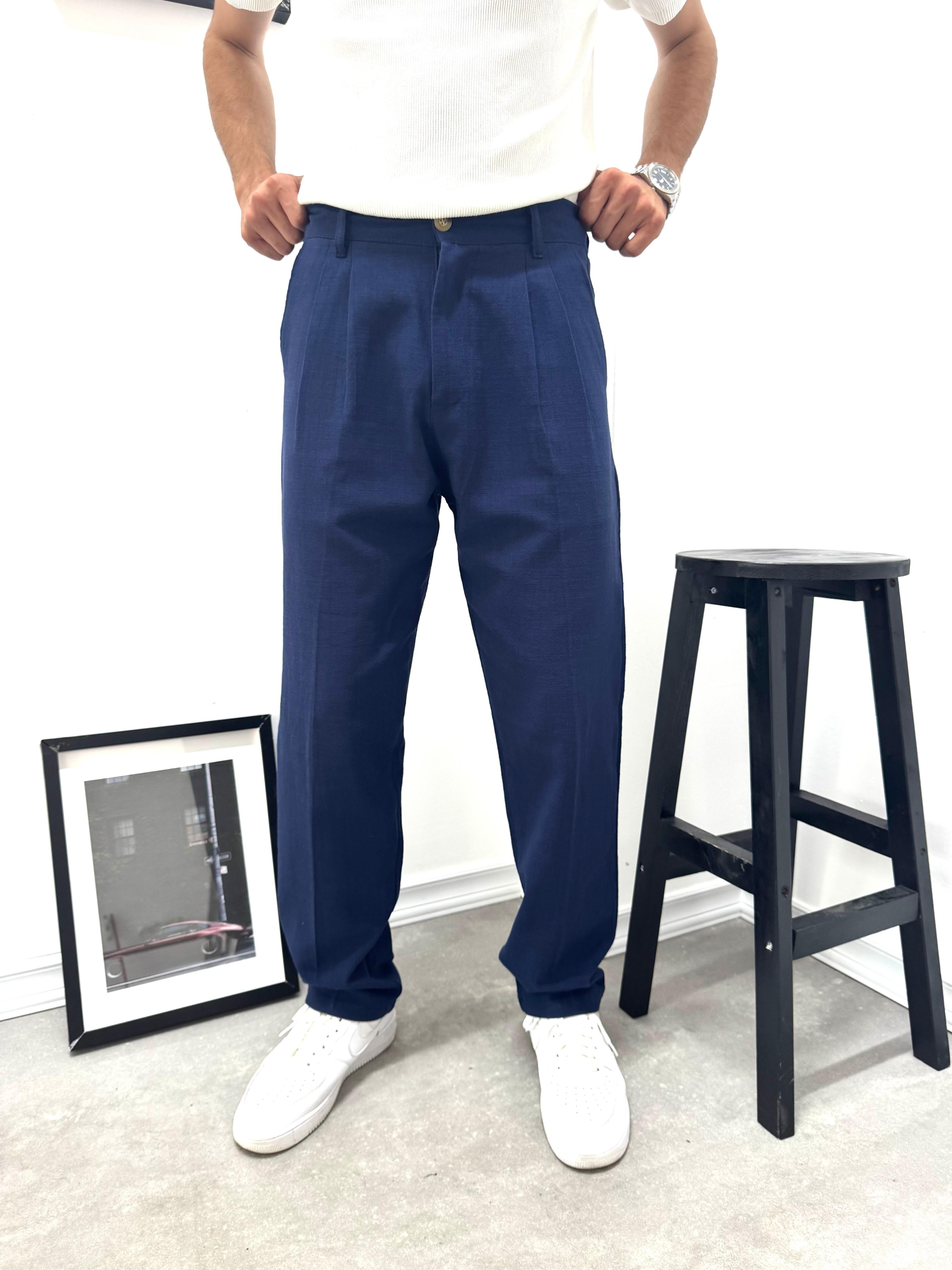PİLELİ BAGGY KETEN PANTOLON - LACİVERT