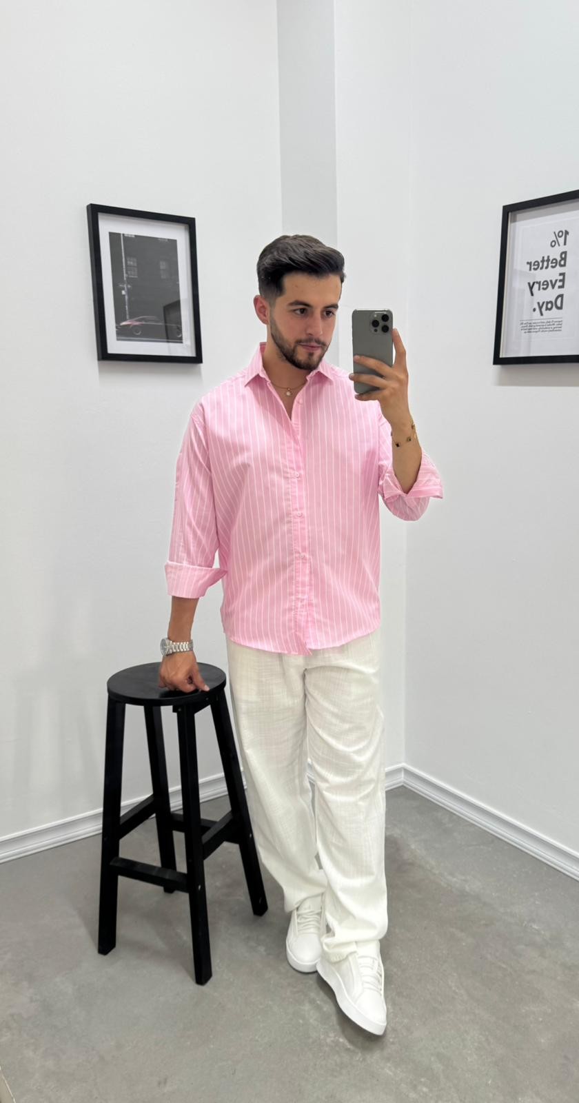OVERSIZE ÇİZGİLİ GÖMLEK - PEMBE